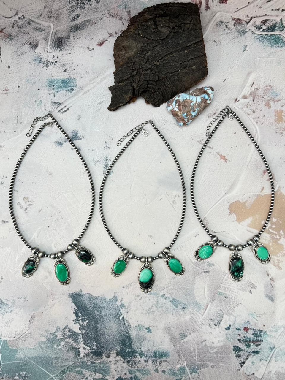 Handmade Sterling Silver Beaded Emerald Rose Necklace "Signed Nizhoni"