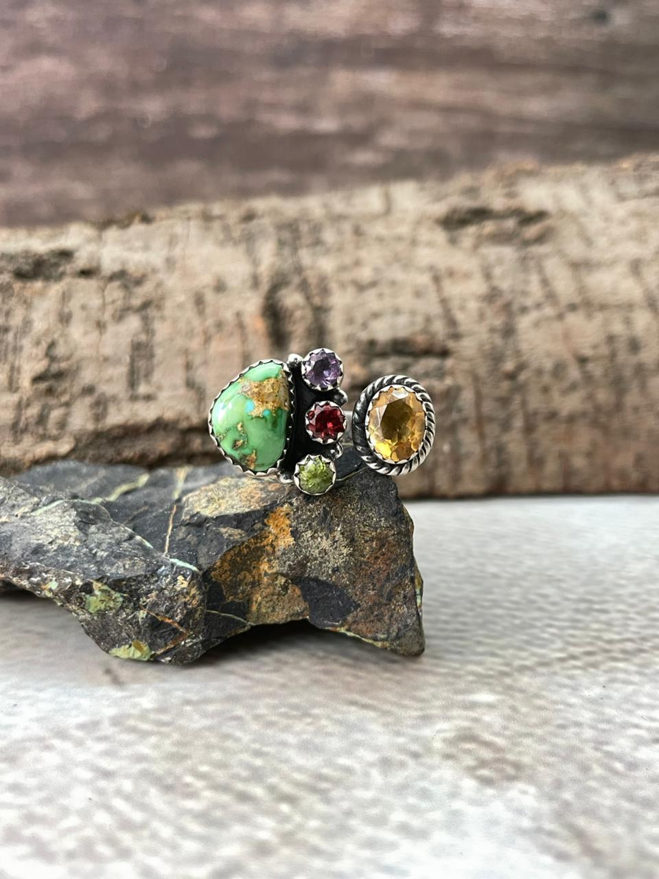 Handmade Sterling Silver Sonoran with Cut Stones Adjustable Ring "Signed Nizhoni"