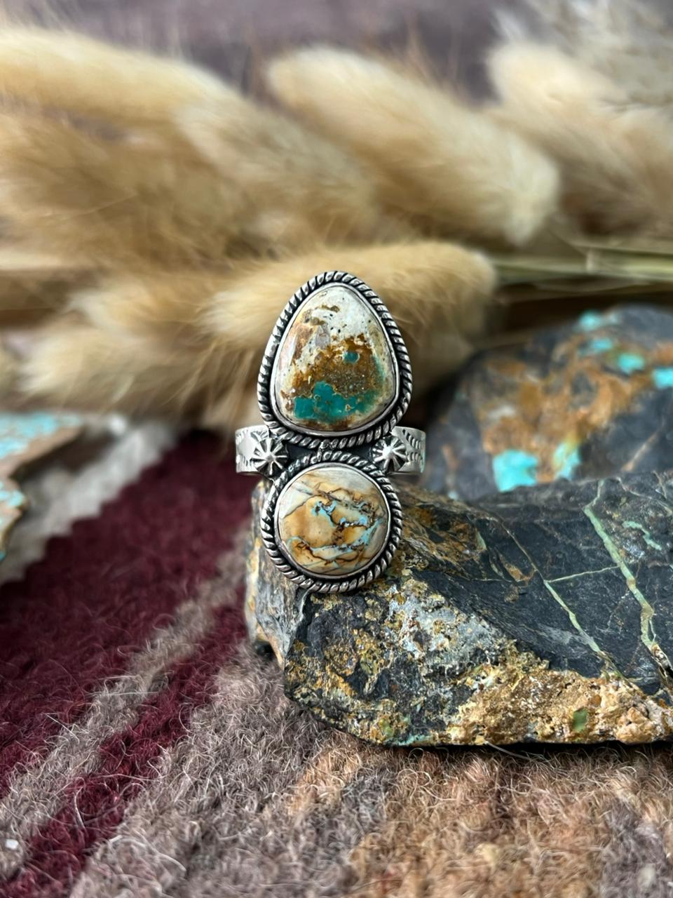 Handmade Sterling Silver Royston Ribbon Turquoise Adjusatble Ring "Signed Nizhoni"