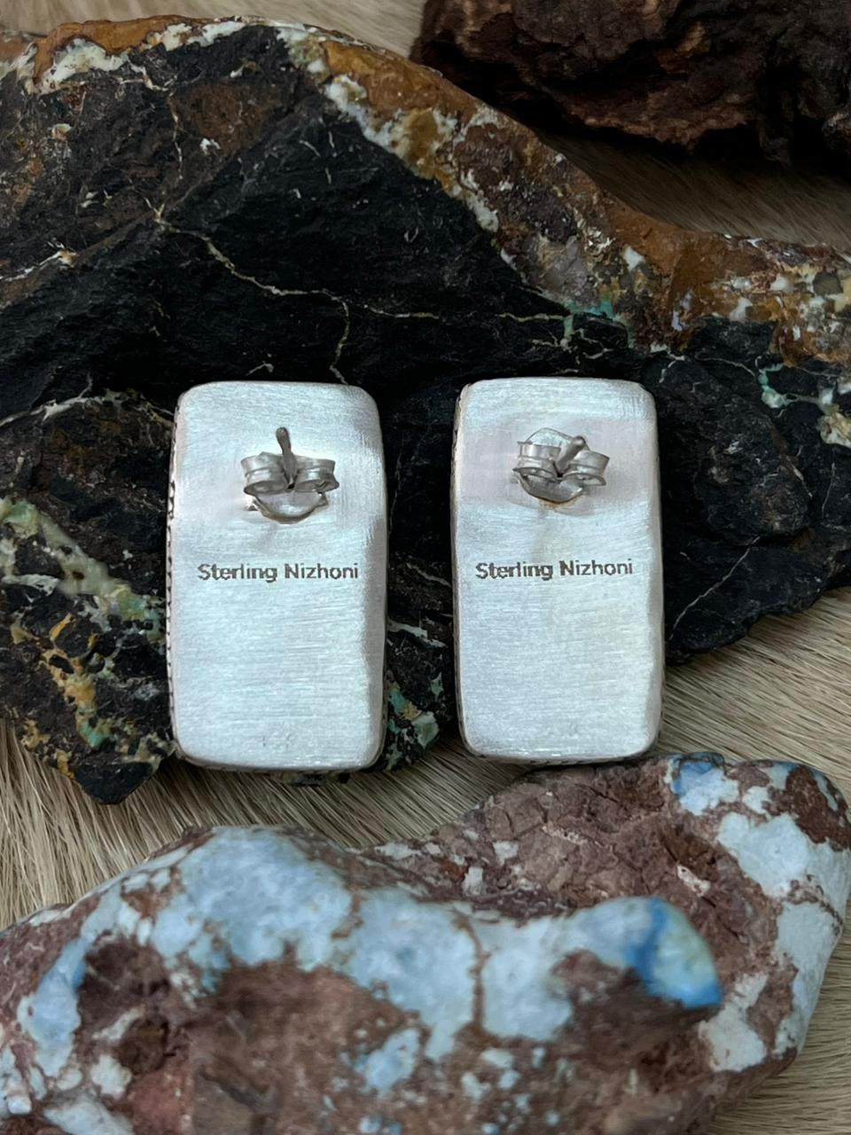 Handmade Sterling Silver White Buffalo Post Studs Earrings "Signed Nizhoni"