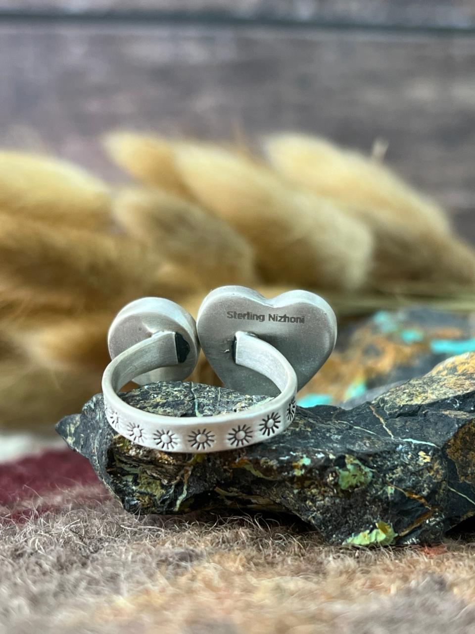 Handmade Sterling Silver Royston Ribbon Turquoise Adjusatble Ring "Signed Nizhoni"