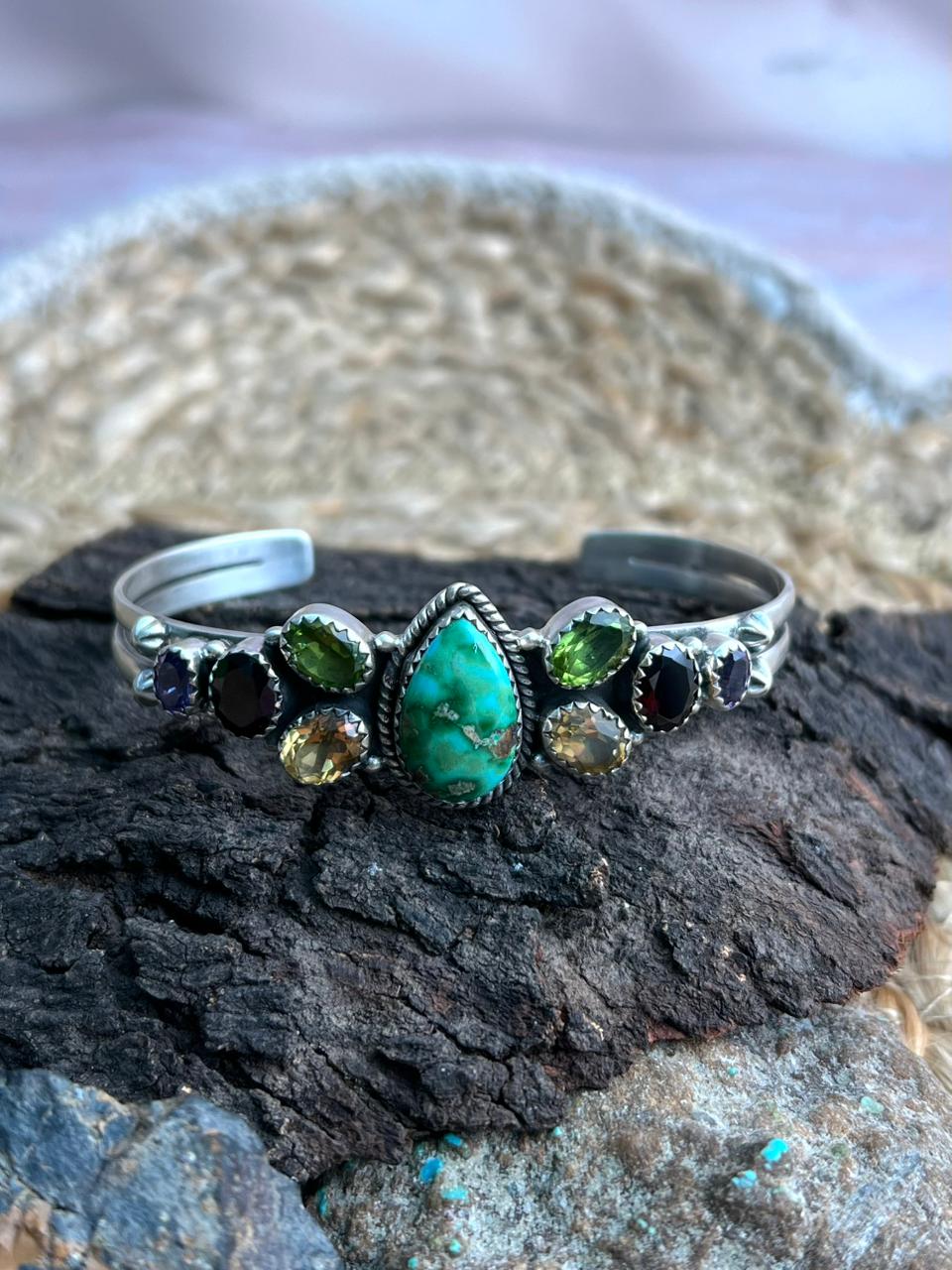 Handmade Sterling Silver Sonoran with Cut Stone Bracelet "Signed Nizhoni"