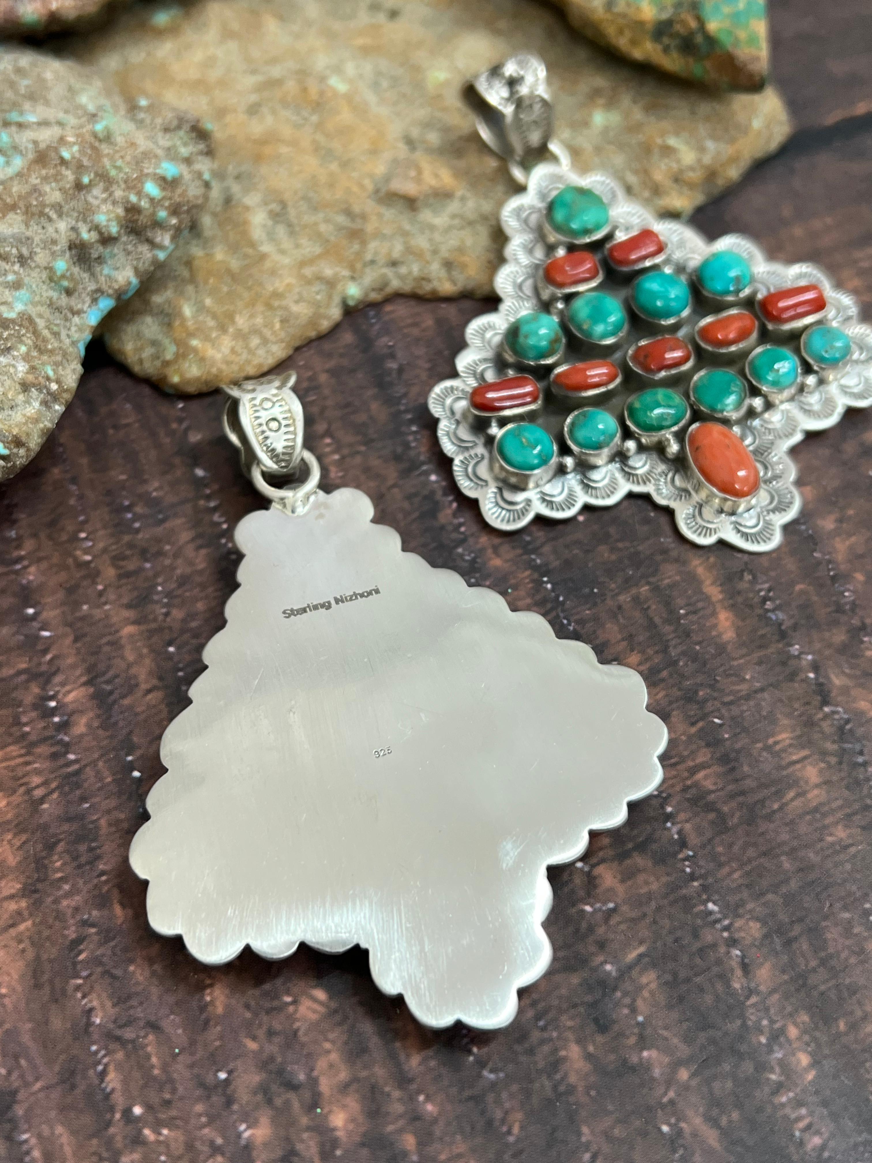 Handmade Sterling Silver Emerald Valley, Coral and Dahlia Rose Pendant, Signed Nizhoni