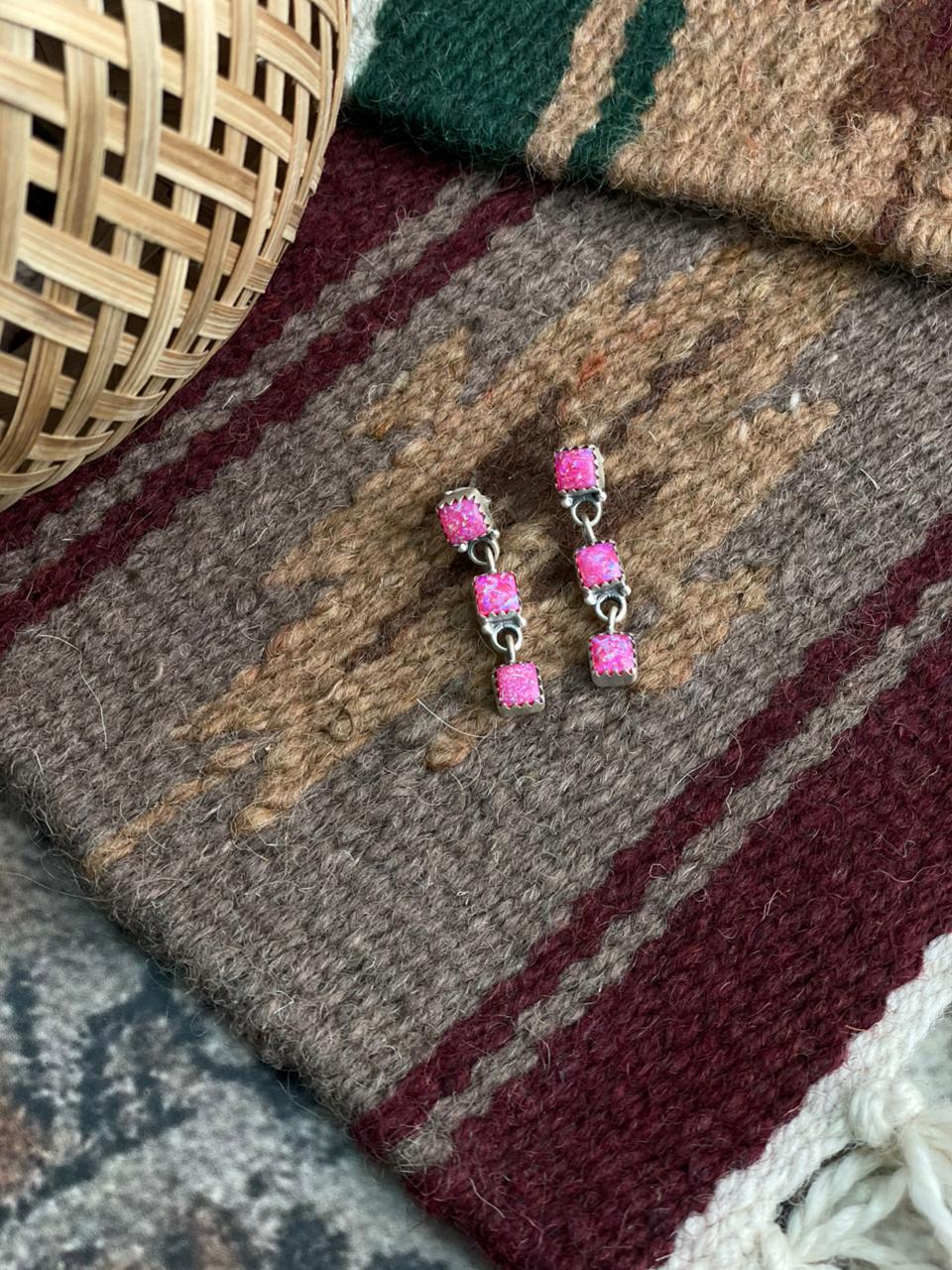 Handmade Sterling Silver Hot Pink Post Dangle Earrings "Signed Nizhoni"