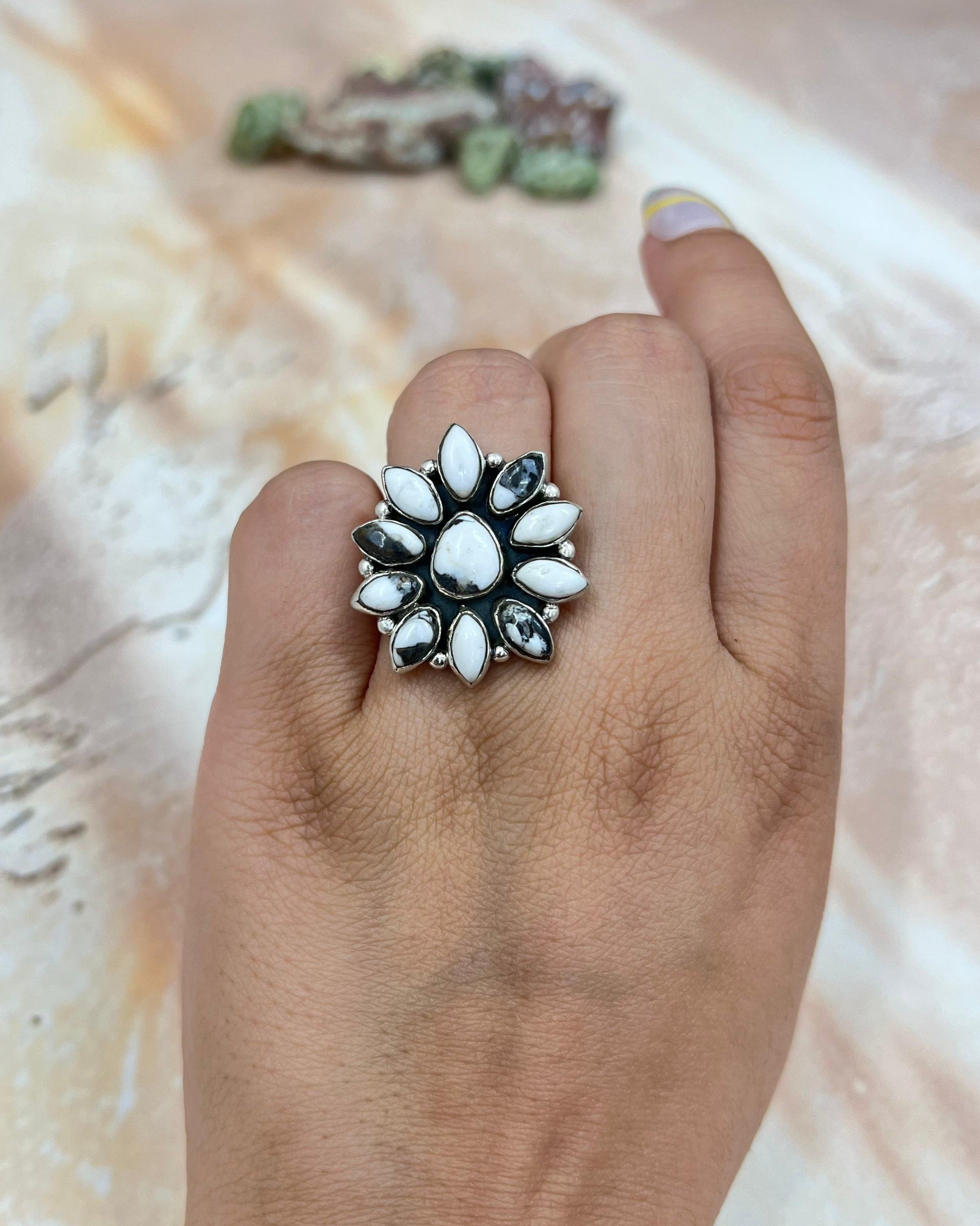 Handmade Sterling Silver Honey White Buffalo Turquoise Adjustable Ring with Signed Nizhoni