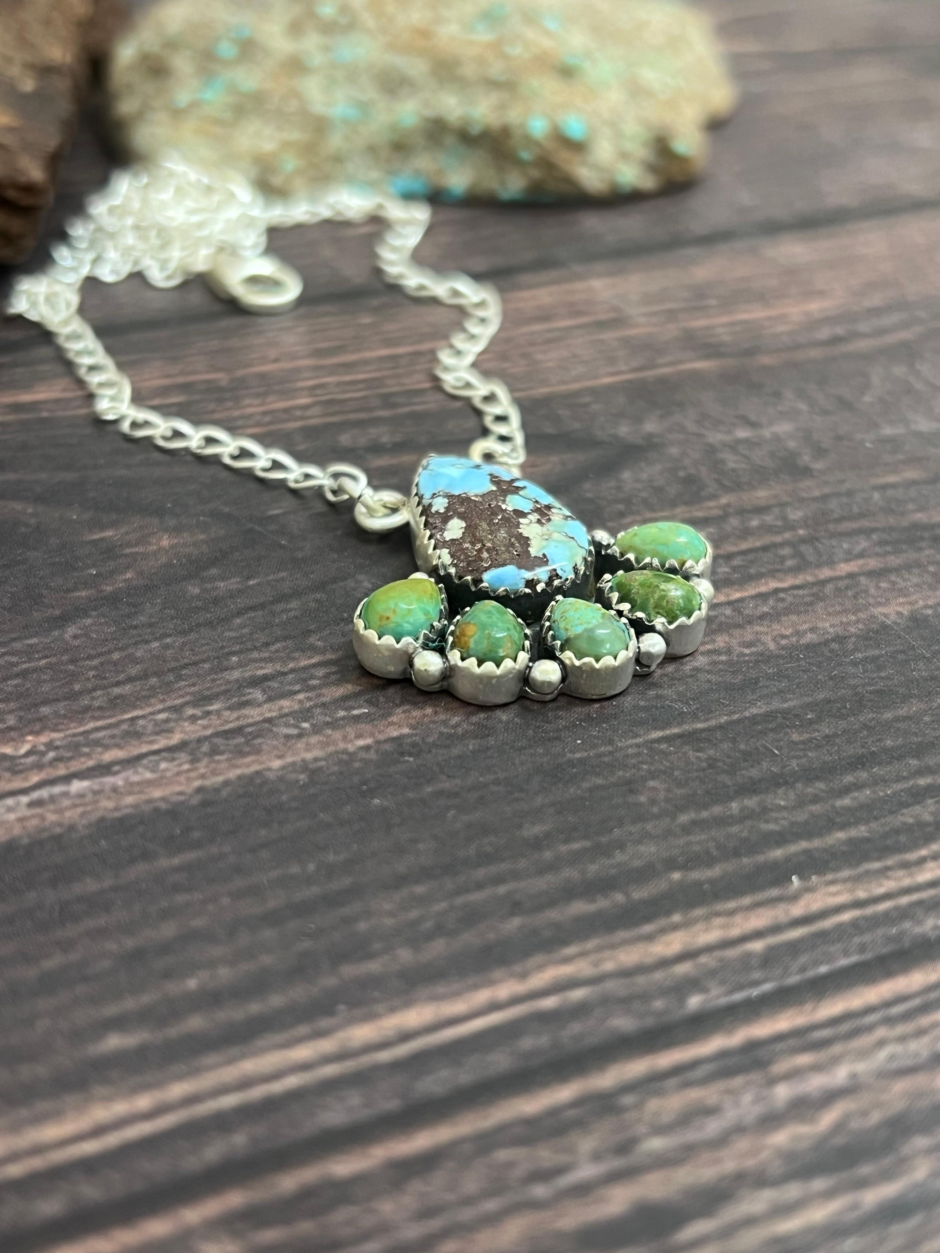 Handmade Sterling Silver Golden Hill with Kingman Turquoise Necklace with Signed Nizhoni