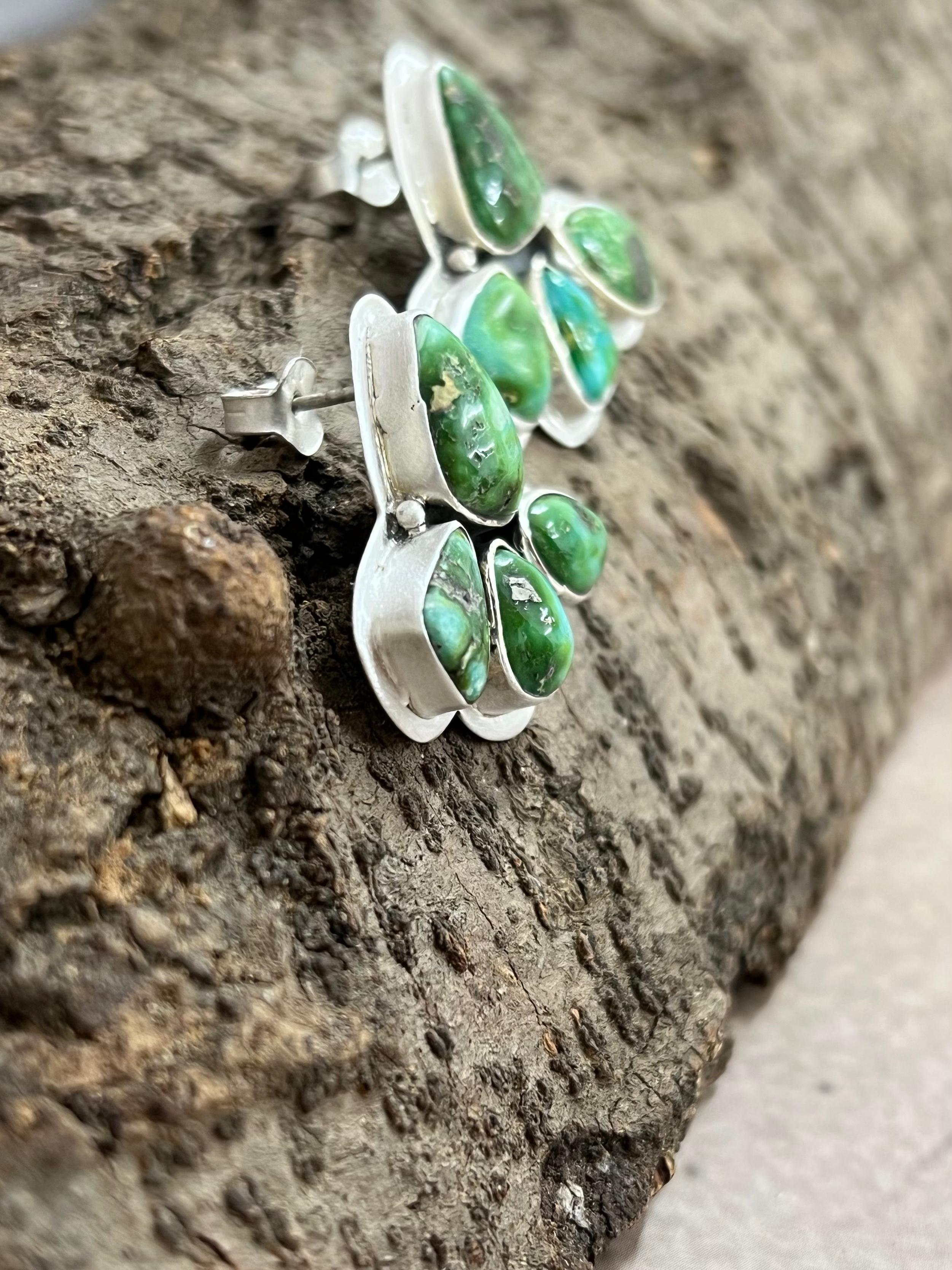 Handmade Sterling Silver Sonoran Mountain Turquoise Post Earrings with Signed Nizhoni