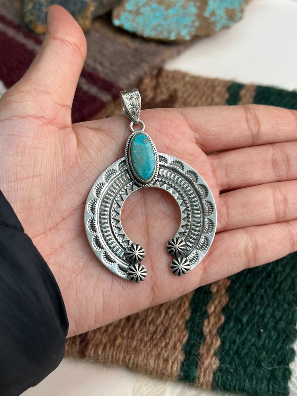 Handmade Sterling Silver Kingman Turquoise Naja Pendant "Signed Nizhoni"