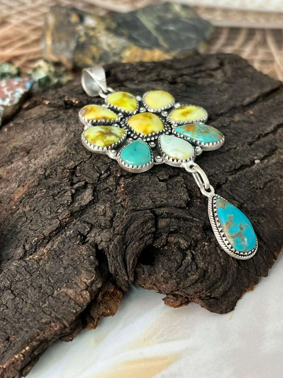 Handmade Sterling Silver Santa Maria Turquoise with Palomino Turquoise Pendant "Signed Nizhoni"