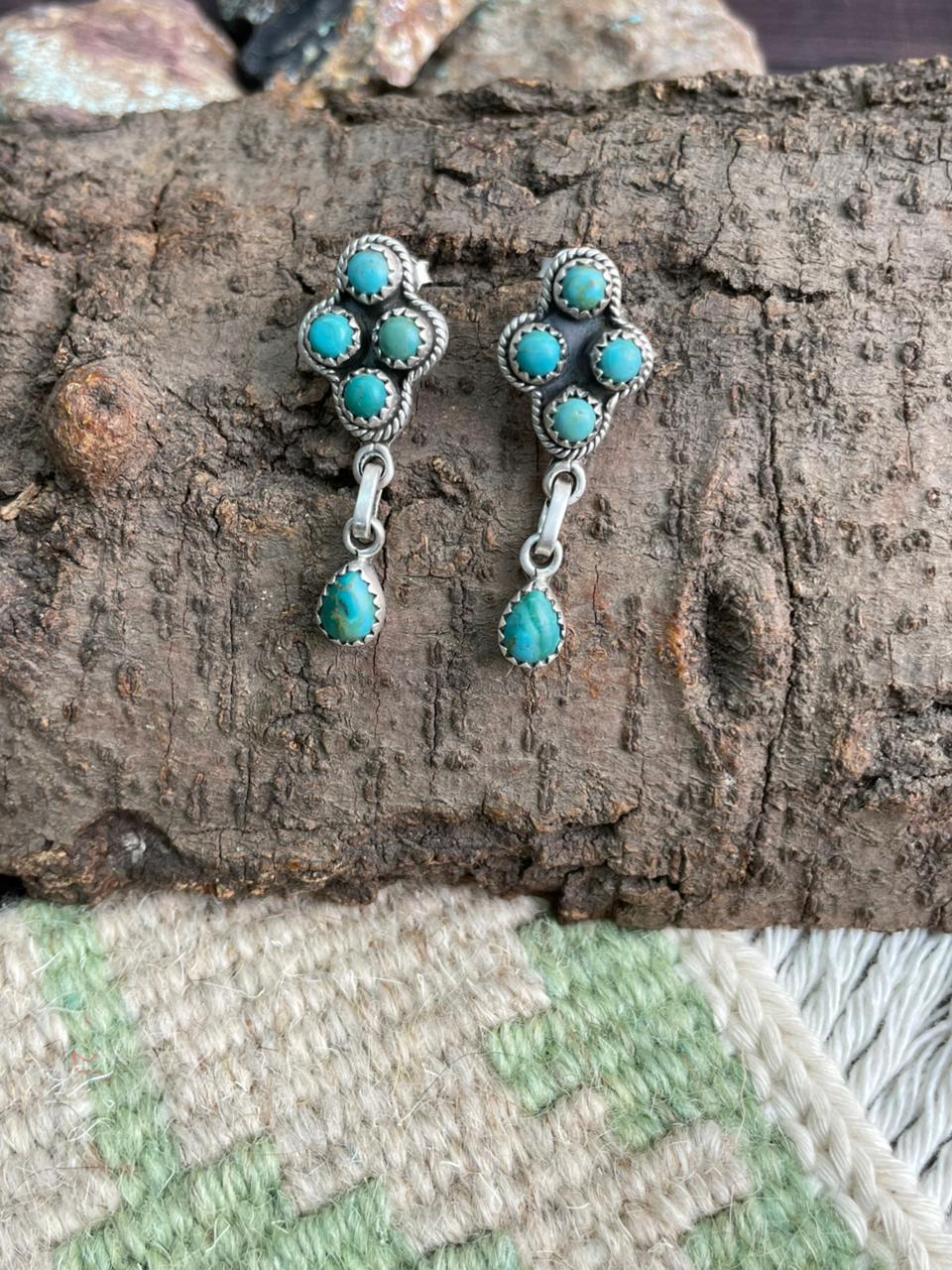 Handmade Sterling Silver Kingman Turquoise Post Dangle Earrings "Signed Nizhoni"
