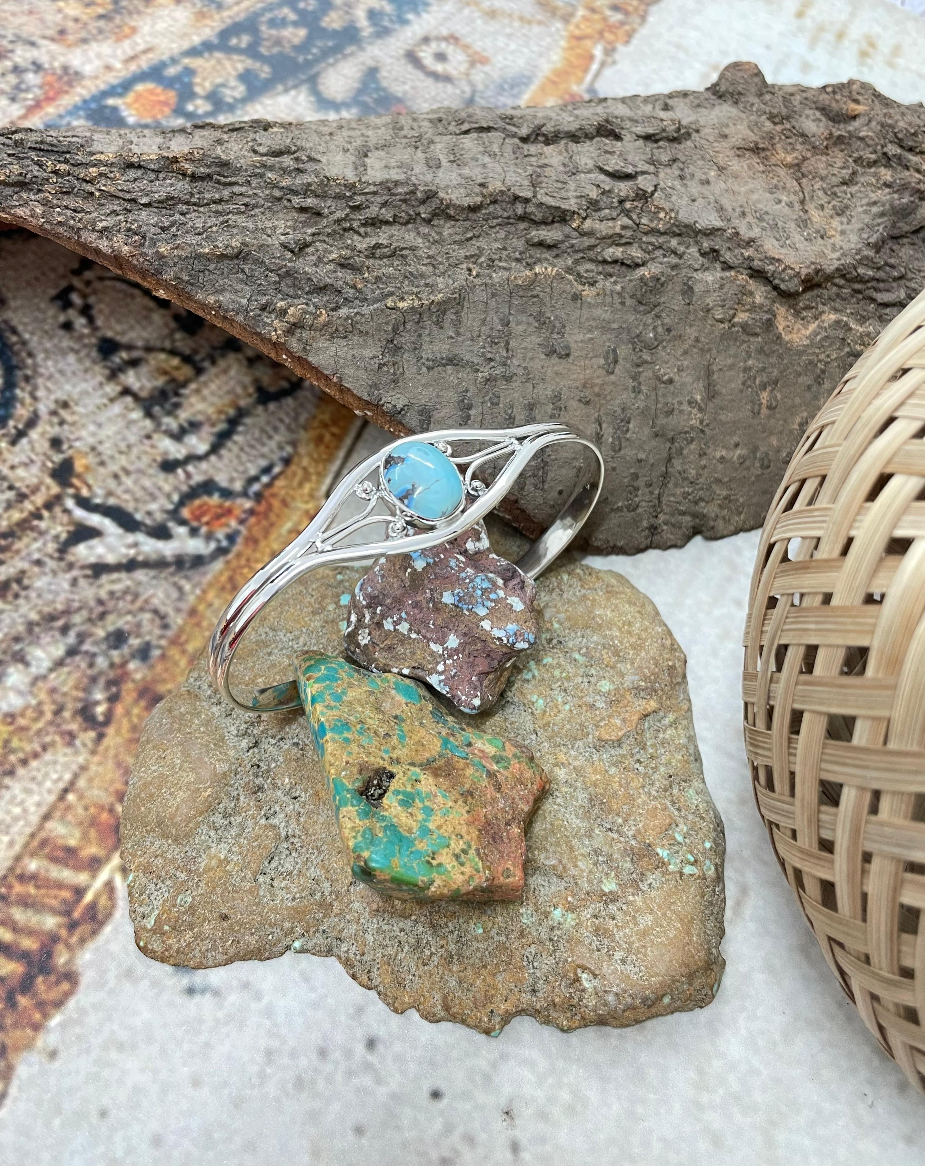 Handmade Sterling Silver Golden Hills Turquoise Cuff Bracelet with Signed Nizhoni