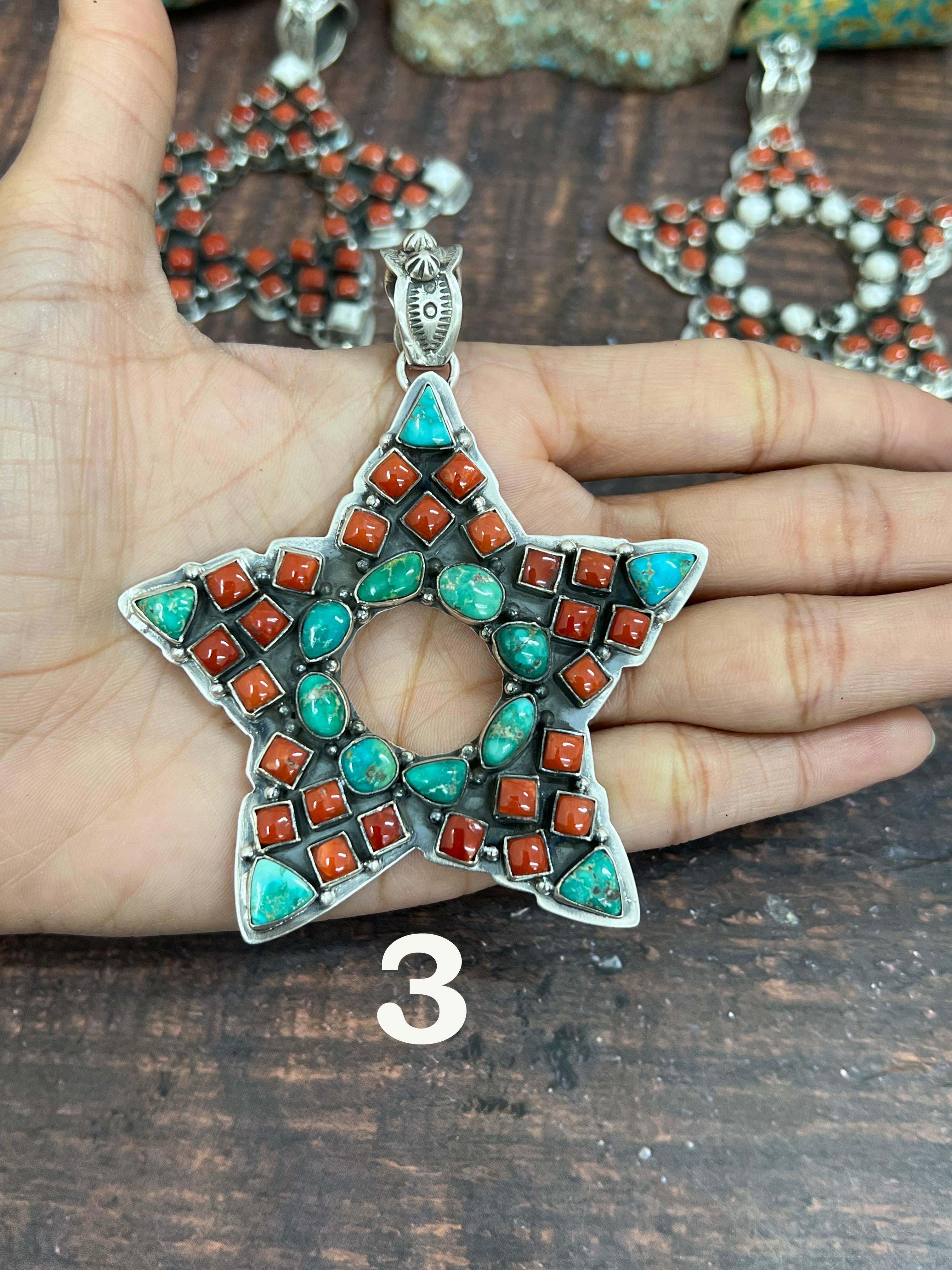 Handmade Sterling Silver Coral with White Buffalo and Emerald Valley Star Pendant, Signed Nizhoni