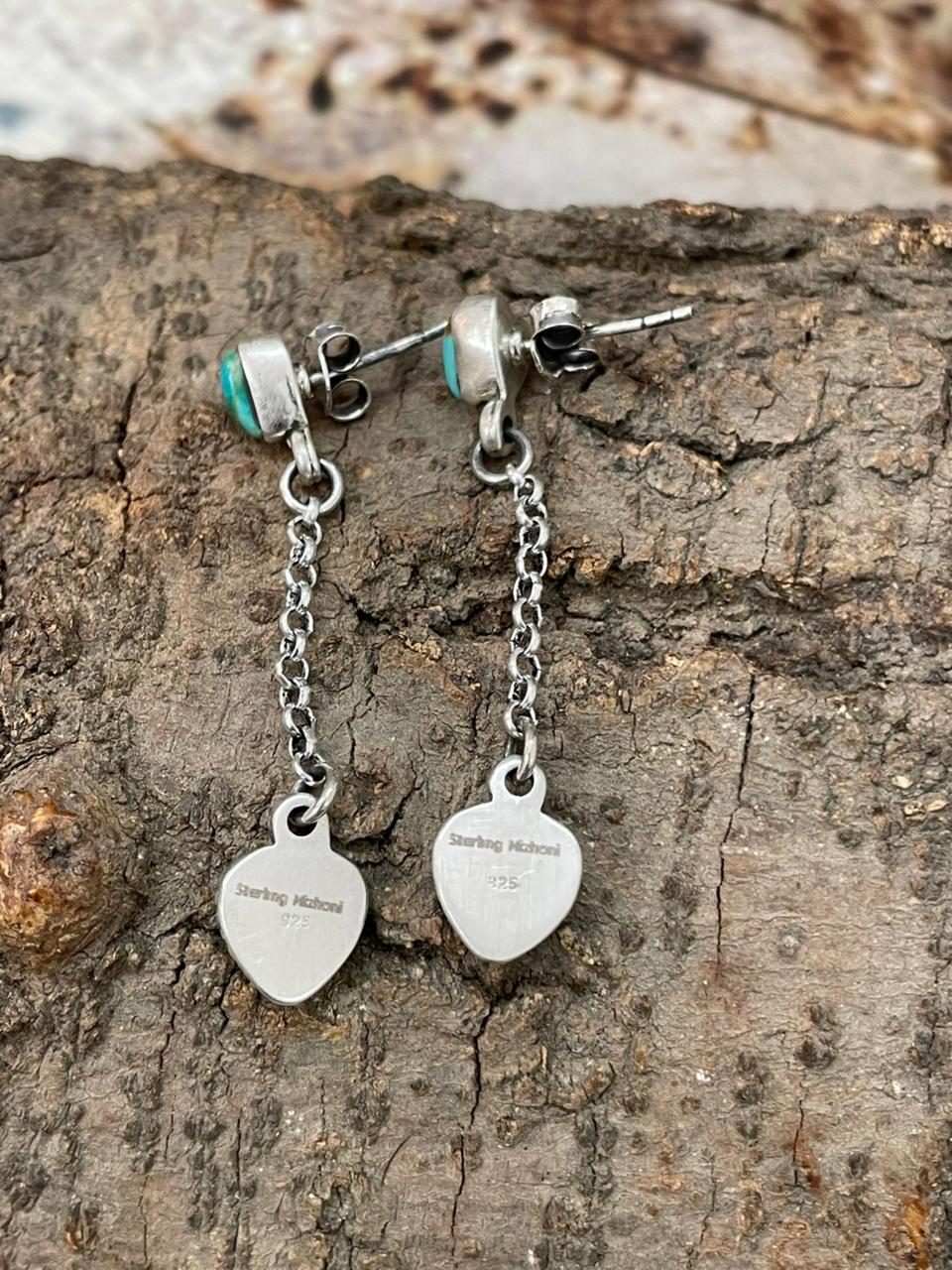 "Heart Collection" Handmade Sterling Silver Kingman Turquoise Post Dangle Earrings "Signed Nizhoni"