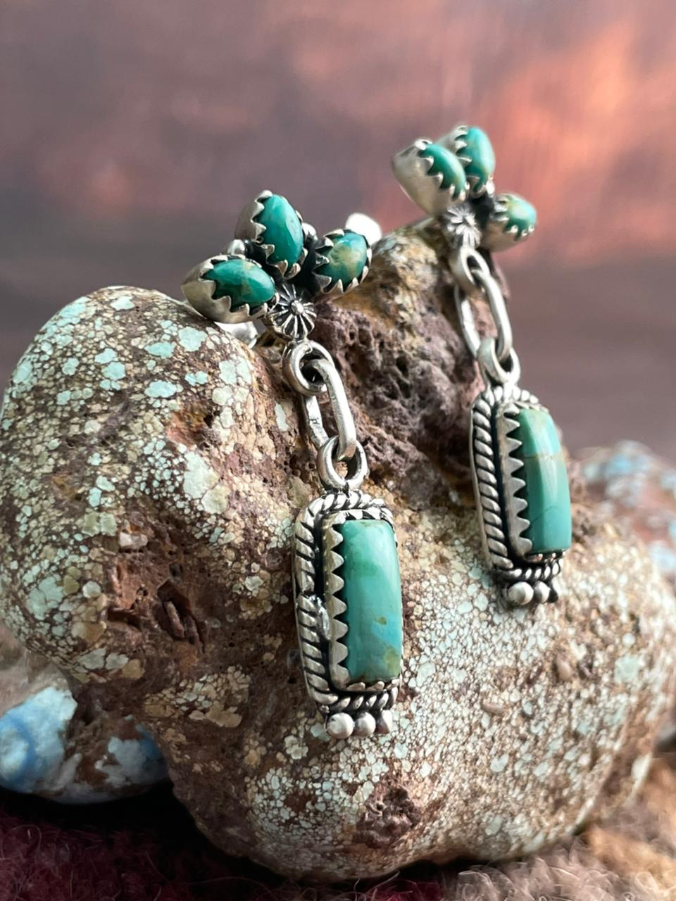 Handmade Sterling Silver Kingman Turquoise Post Dangle Earrings "Signed Nizhoni"