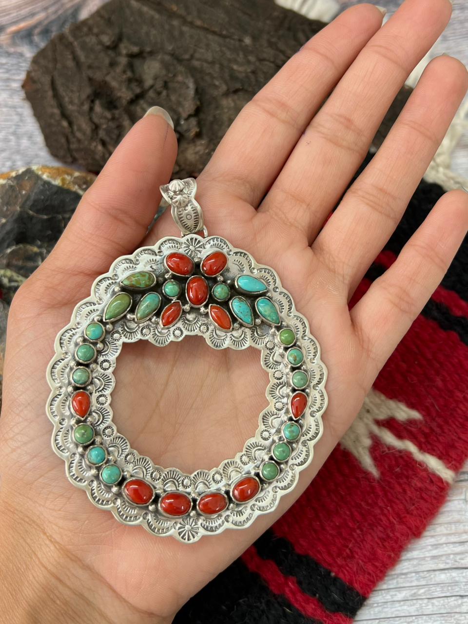 "Christmas Collection" Handmade Sterling Silver Kingman with Coral Pendant "Signed Nizhoni"