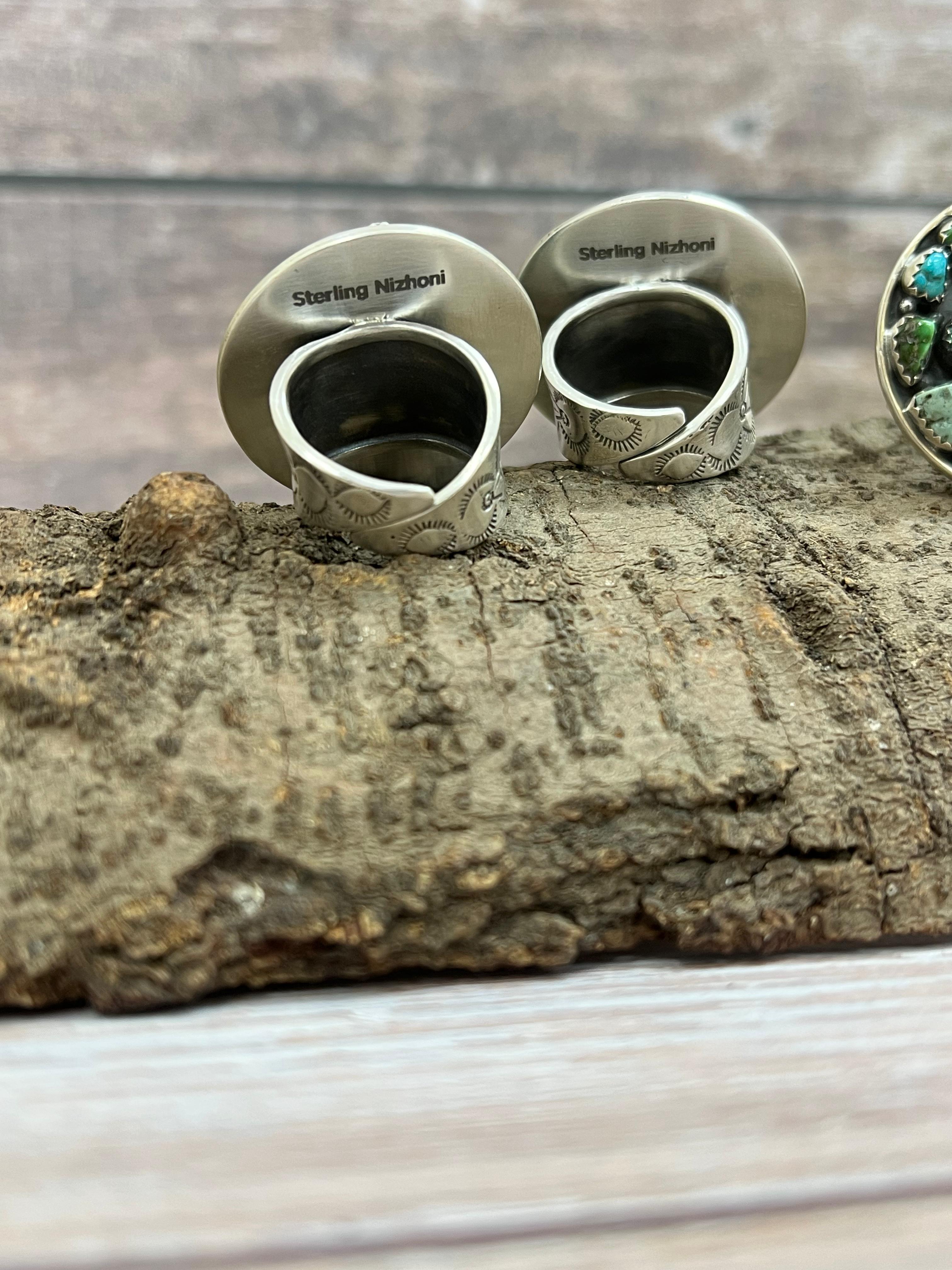 Handmade Sterling Silver Golden Hills, Number 8, Sonoran Mountain Turquoise Adjustable Ring with Signed Nizhoni