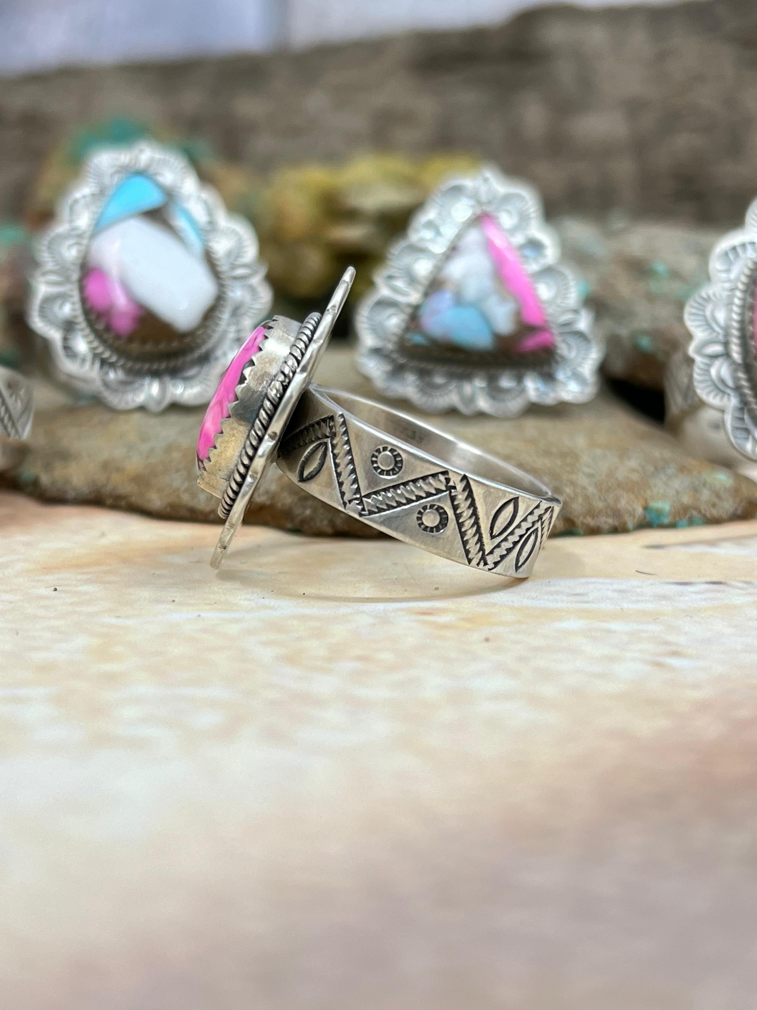 Handmade Sterling Silver Cotton Candy Turquoise Adjustable Ring with Signed Nizhoni