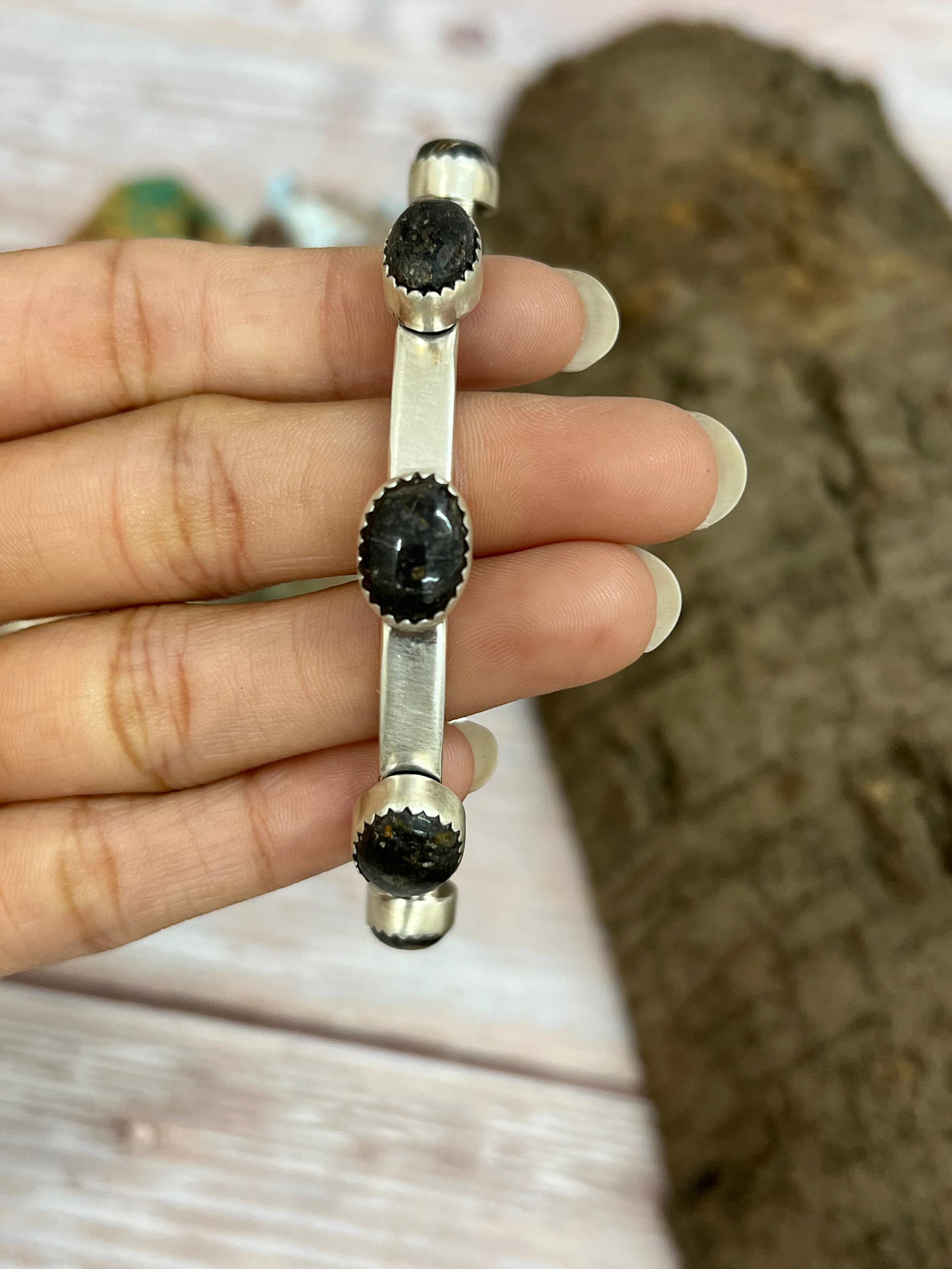 Handmade Sterling Silver Black Jack Cuff Bracelet with Signed Nizhoni