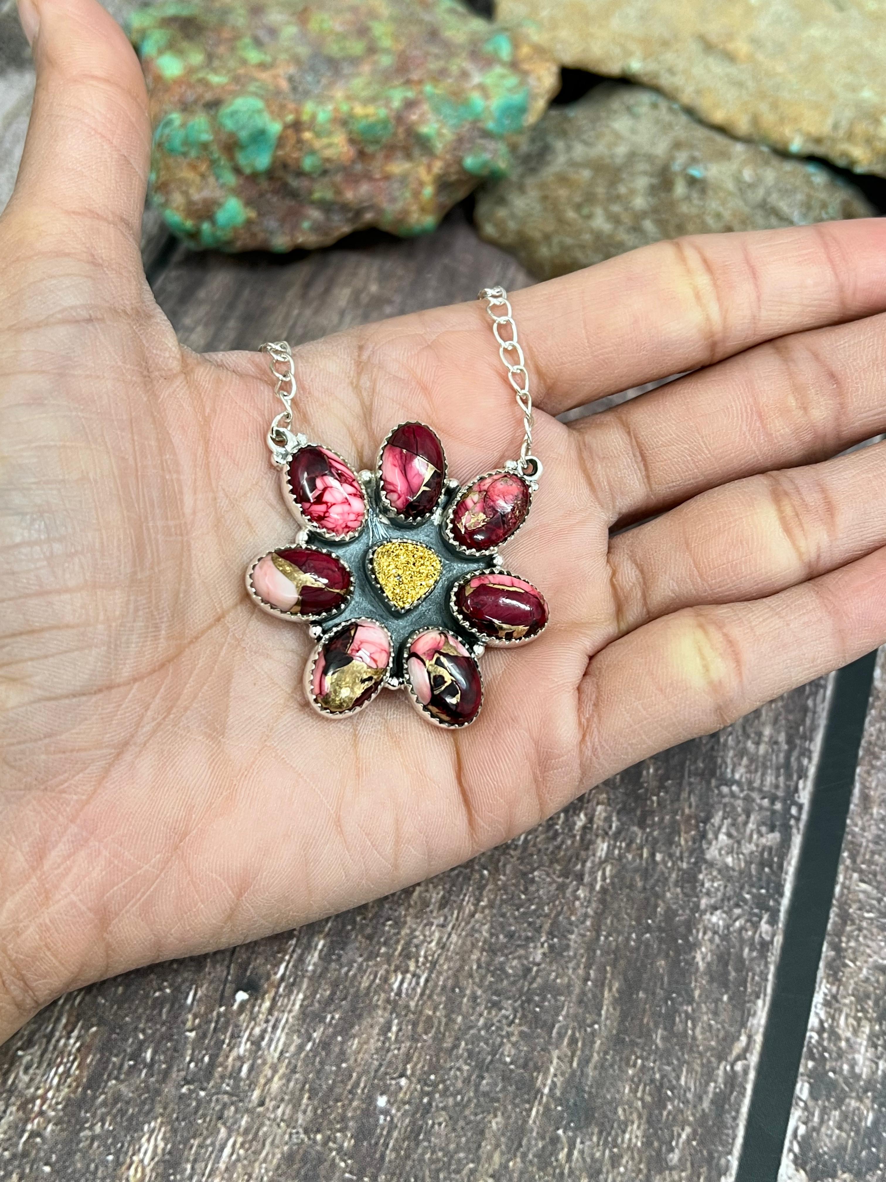 Handmade Sterling Silver Dahlia Rose with Druzy Necklace with Signed Nizhoni