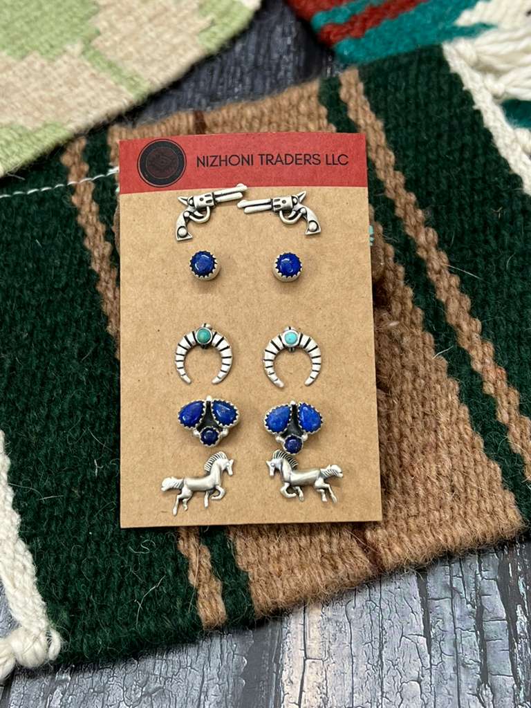 Handmade Sterling Silver Kingman Turquoise and Lapis Post Studs (Card) with Signed Nizhoni