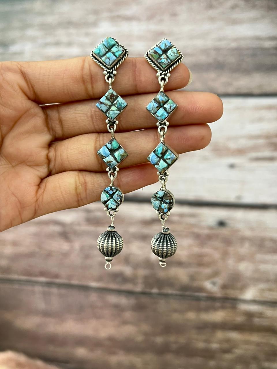 Handmade Sterling Silver Golden Hills Cobble Collection Post Dangle Beaded Earrings "Signed Nizhoni"