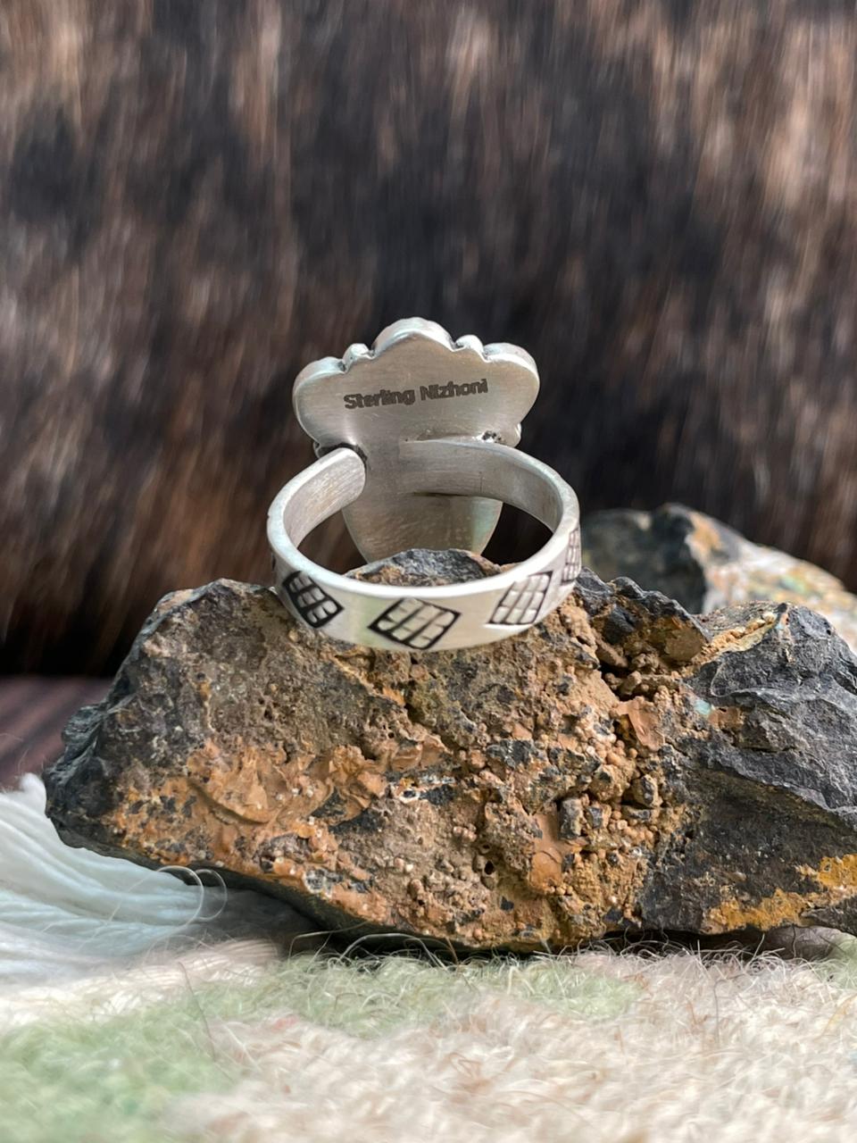 Handmade Sterling Silver Emerald Valley with Santa Maria Turquoise Adjustable Ring "Signed Nizhoni"