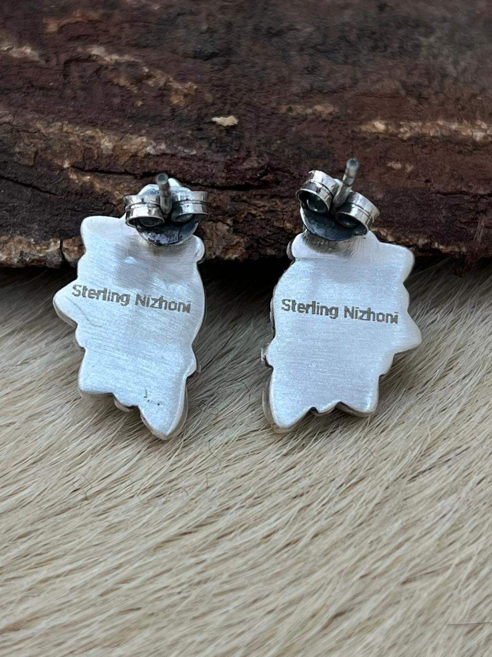 Handmade Sterling Silver White Buffalo Post Studs Earrings "Signed Nizhoni"
