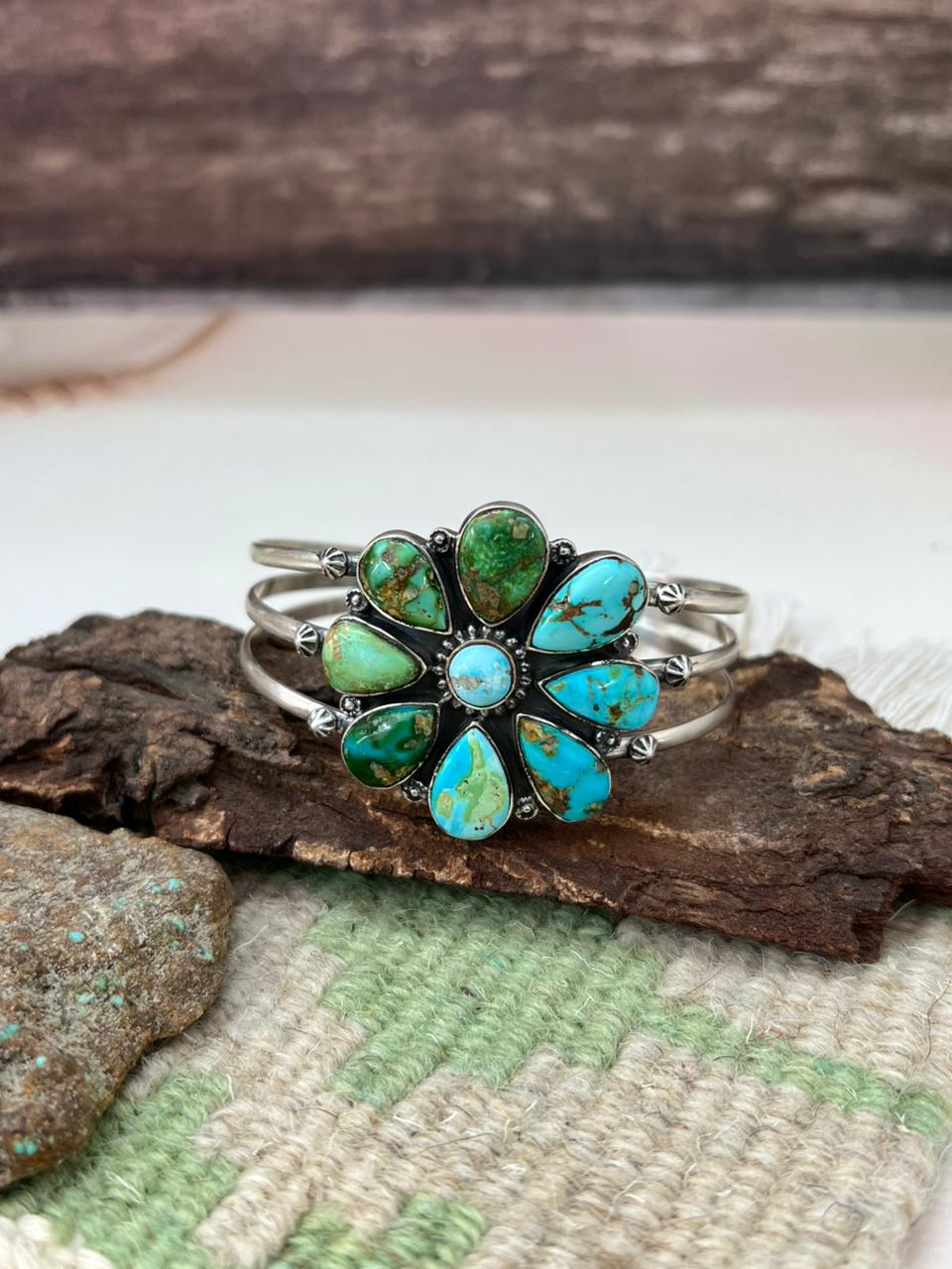 Handmade Sterling Silver Sonoran Mountain with White Water Turquoise Cuff Bracelet "Signed Nizhoni"