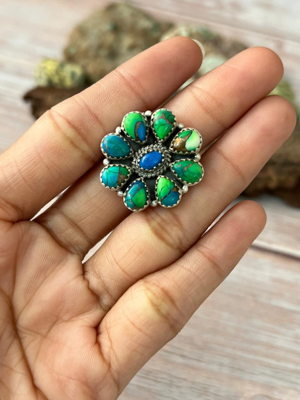 Handmade Sterling Silver Peacock Dahlia Adjustable Ring With Signed Nizhoni