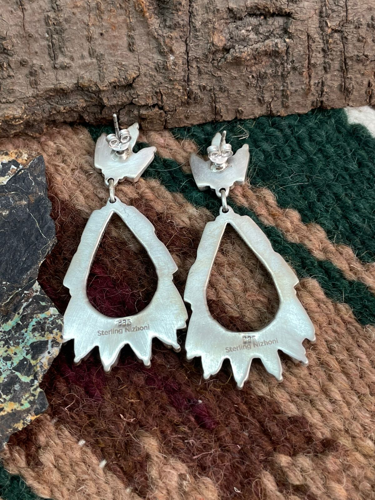 Handmade Sterling Silver Kingman Turquoise Post Dangle Earrings "Signed Nizhoni"