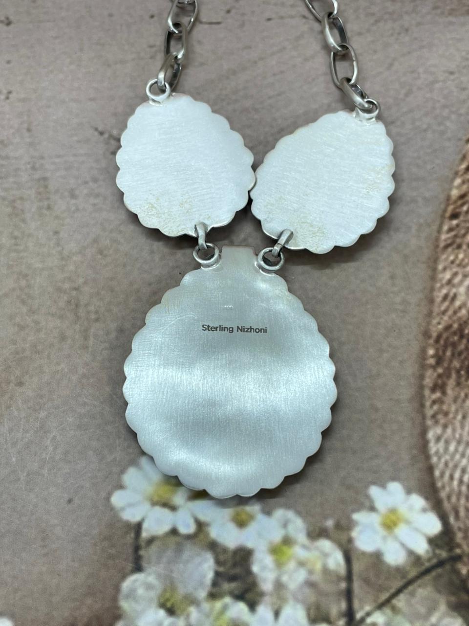 Handmade Sterling Silver White Wate Turquoise Necklace with Signed Nizhoni