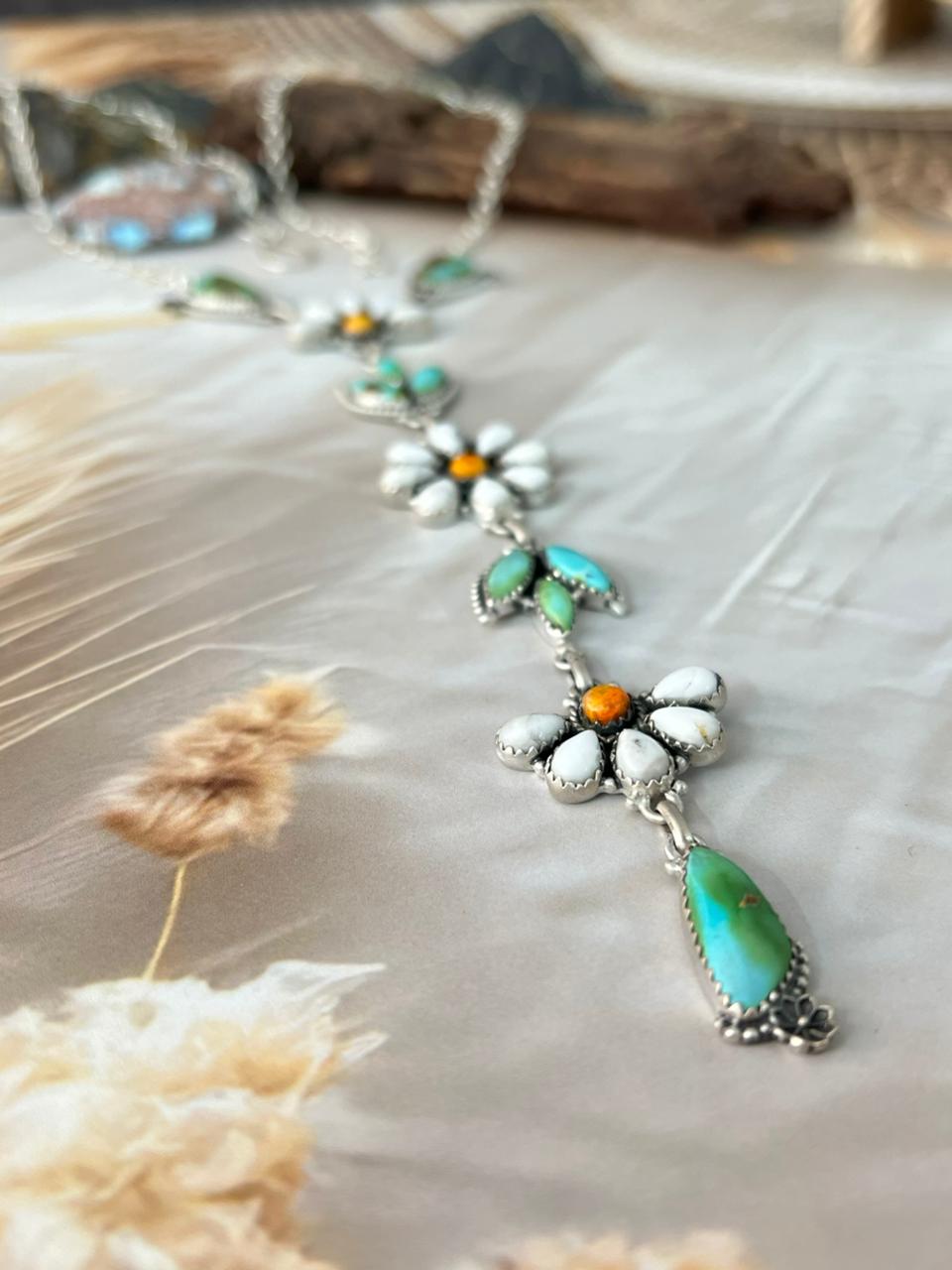 Handmade Sterling Silver Spring Collection: White Buffalo with Bumblebee & Sonoran Mountain Turquoise Necklace "Signed Nizhoni"