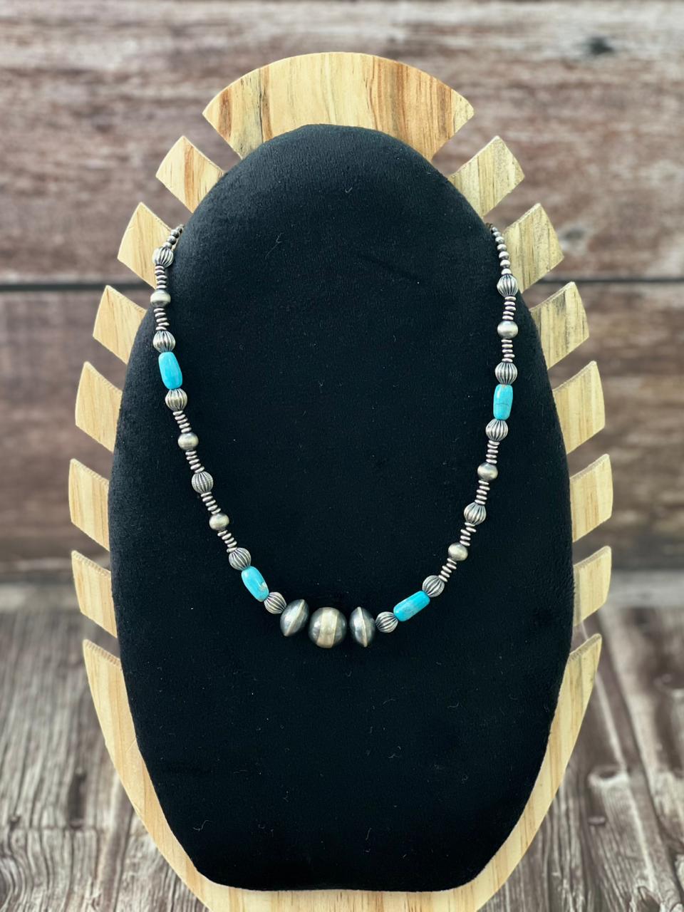 Handmade Sterling Silver Beaded Kingman Turquoise Necklace (7)