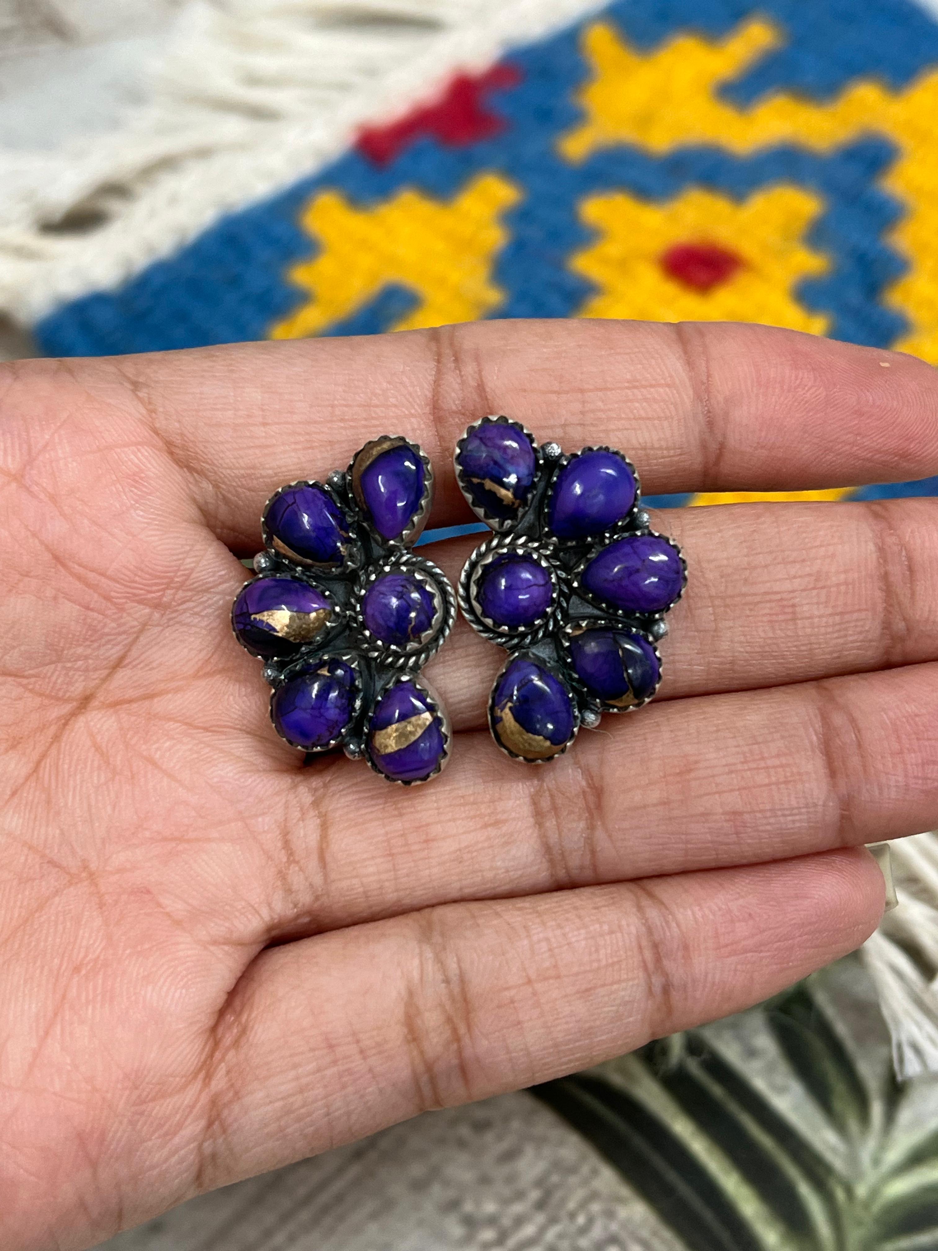 Handmade Sterling Silver Grape Dahlia Post Studs with Signed Nizhoni