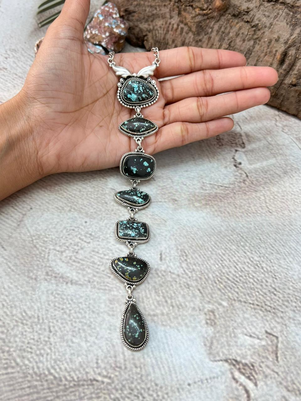 Handmade Sterling Silver Lander Turquoise Necklace with Signed Nizhoni