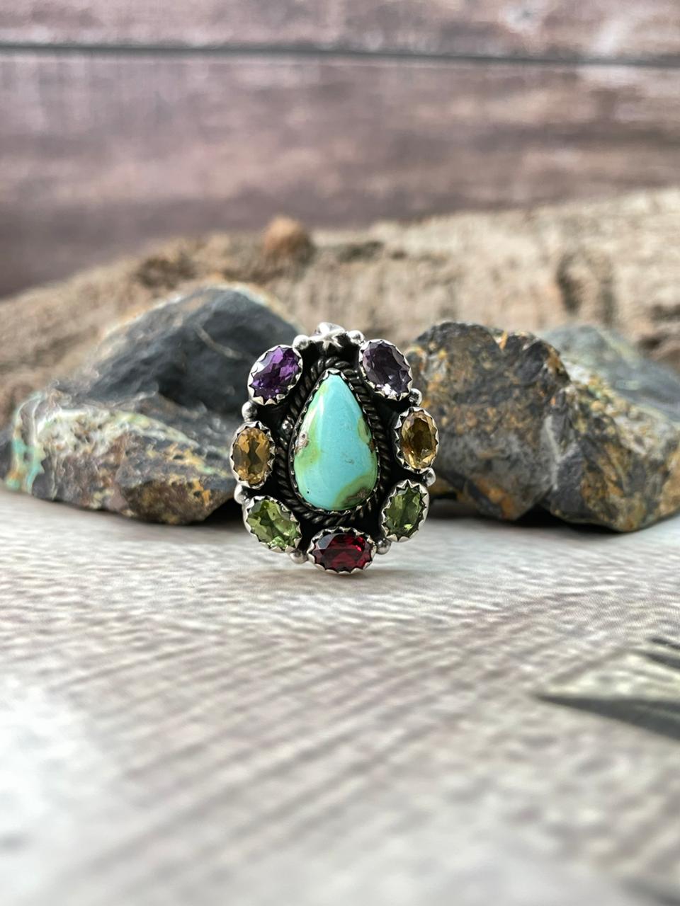 Handmade Sterling Silver Sonoran with Cut Stones Adjustable Ring "Signed Nizhoni"