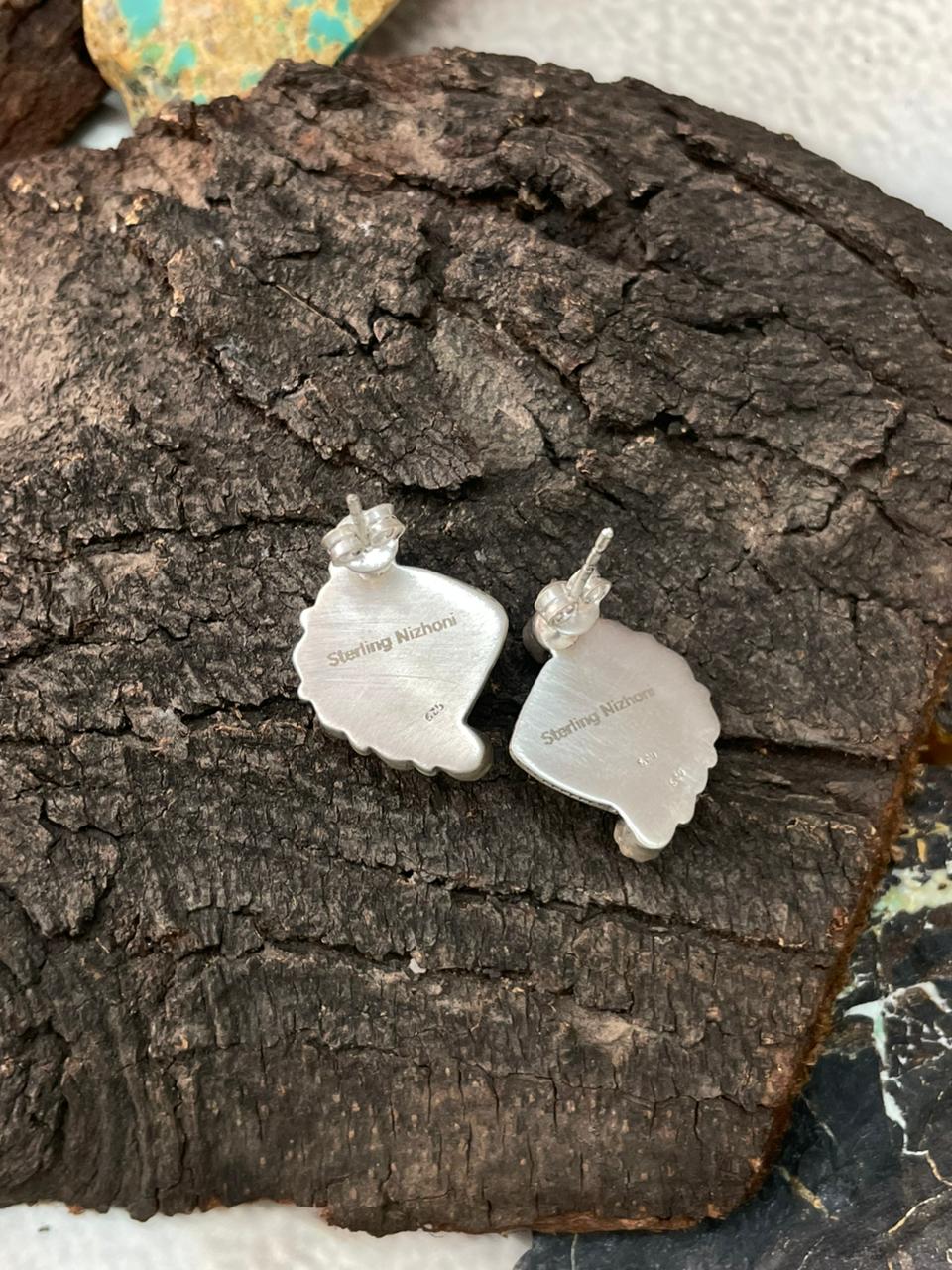 Handmade Sterling Silver White Buffalo with Kingman Turquoise Studs Post Earrings "Signed Nizhoni"