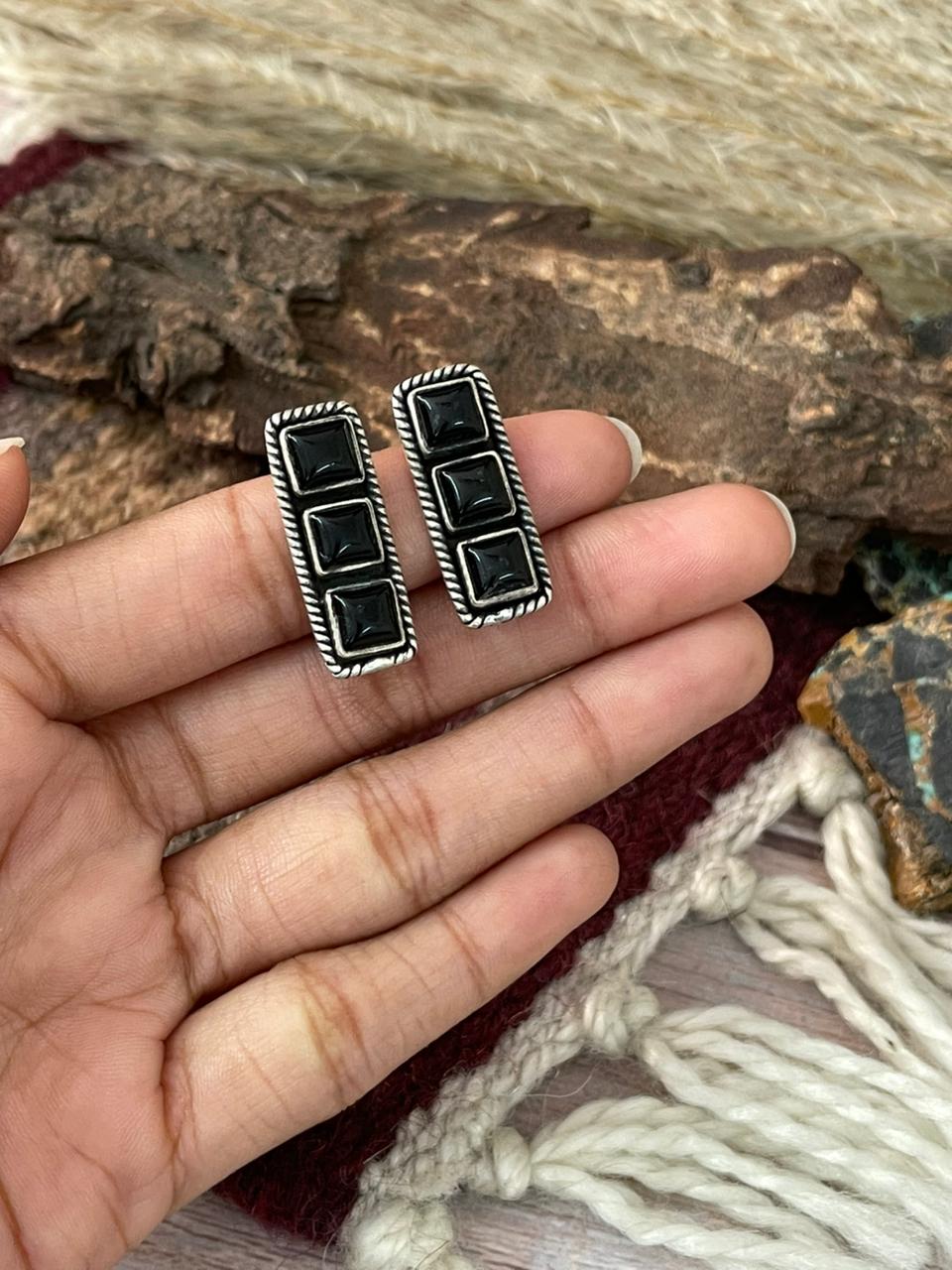 Handmade Sterling Silver Black Onyx Post Studs Earrings "Signed Nizhoni"