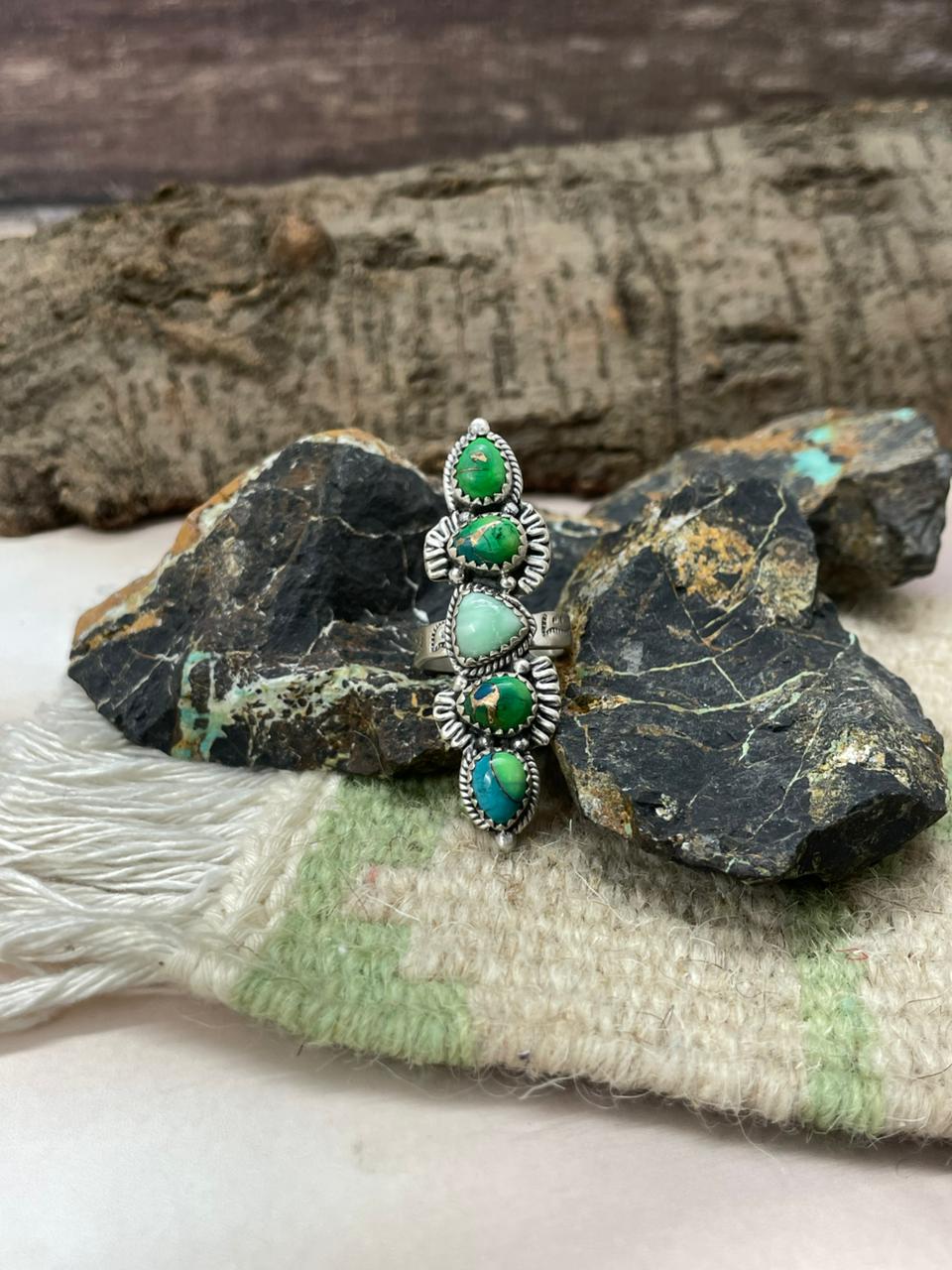 Handmade Sterling Silver Peacock Dahlia with Paloma Adjustable Ring "Signed Nizhoni" (4)