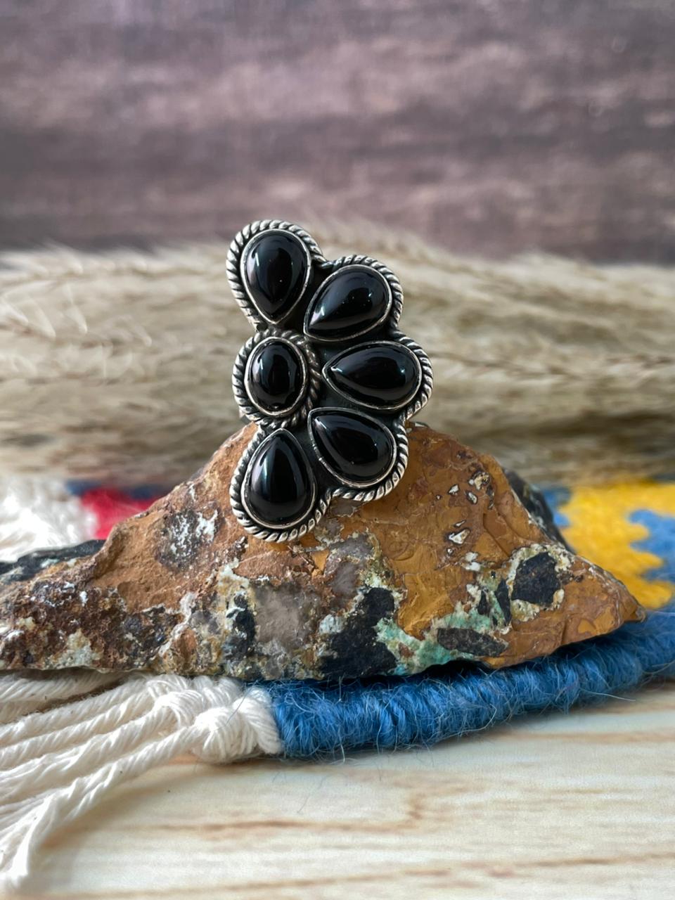 Handmade Sterling Silver Black Onyx Adjustable Ring "Signed Nizhoni"