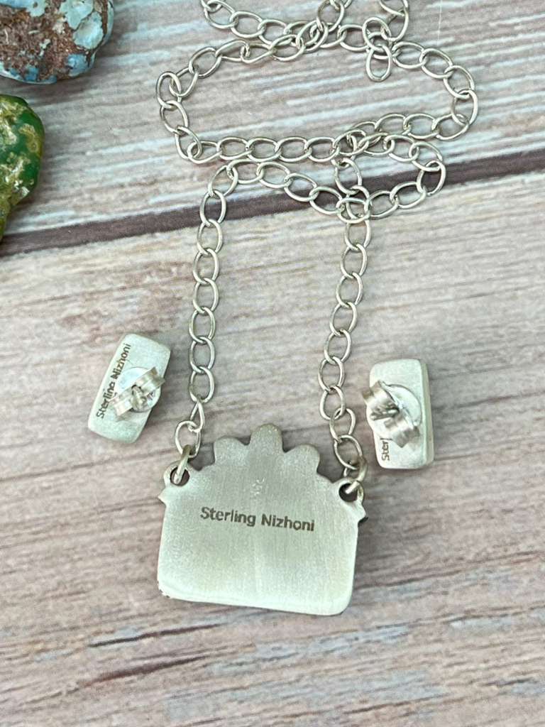 Handmade Sterling Silver White Buffalo Necklace Earrings Set with Signed Nizhoni