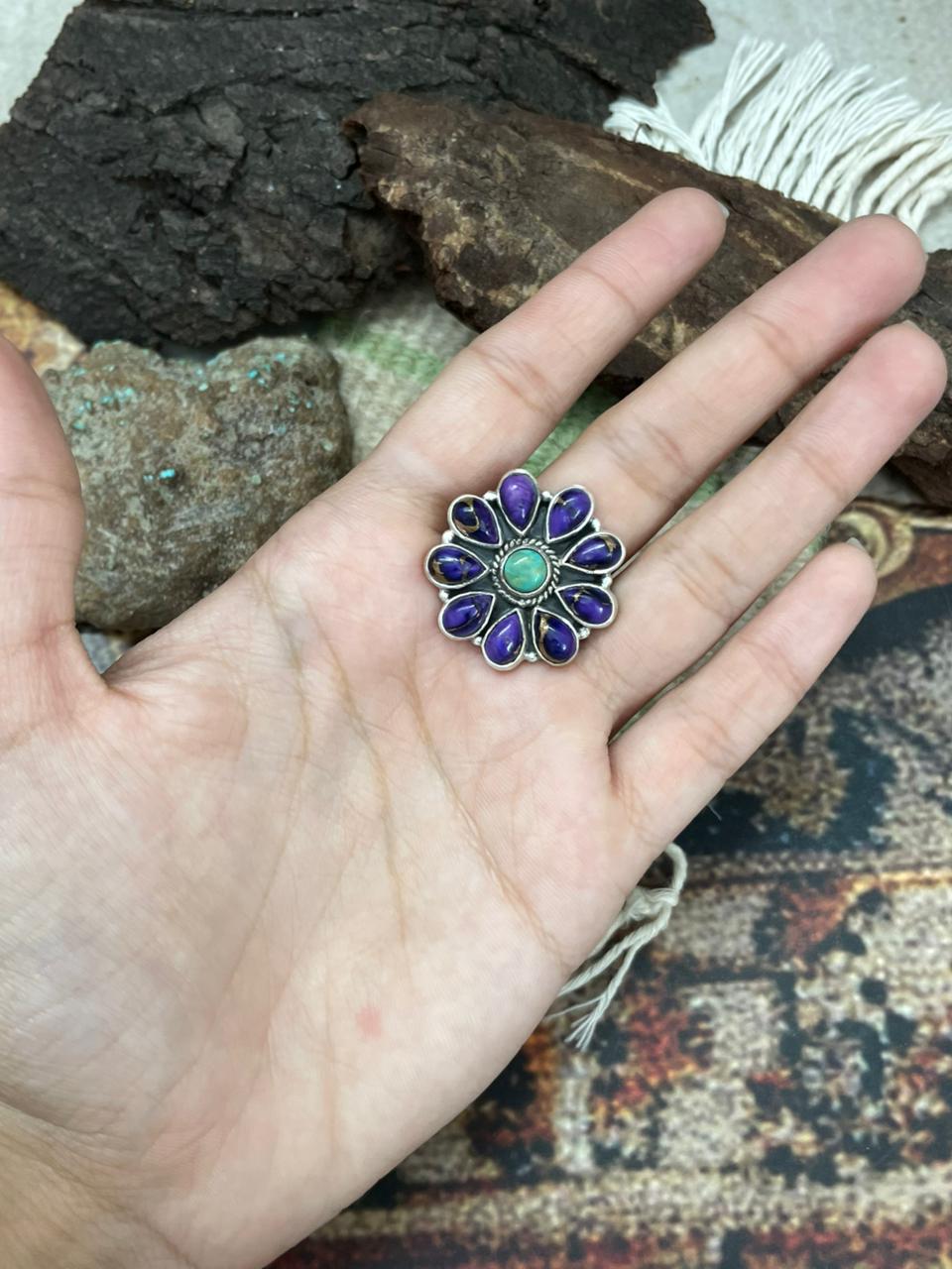 Handmade Sterling Silver Grape Dahlia with Kingman Turquoise Adjustable Ring "Signed Nizhoni"