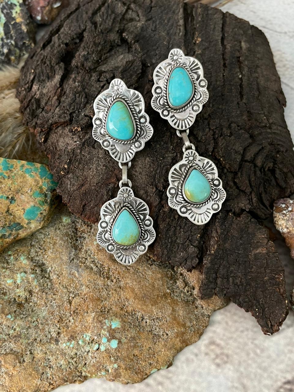 Handmade Sterling Silver Santa Maria Turquoise Post Dangle Earrings "Signed Nizhoni"