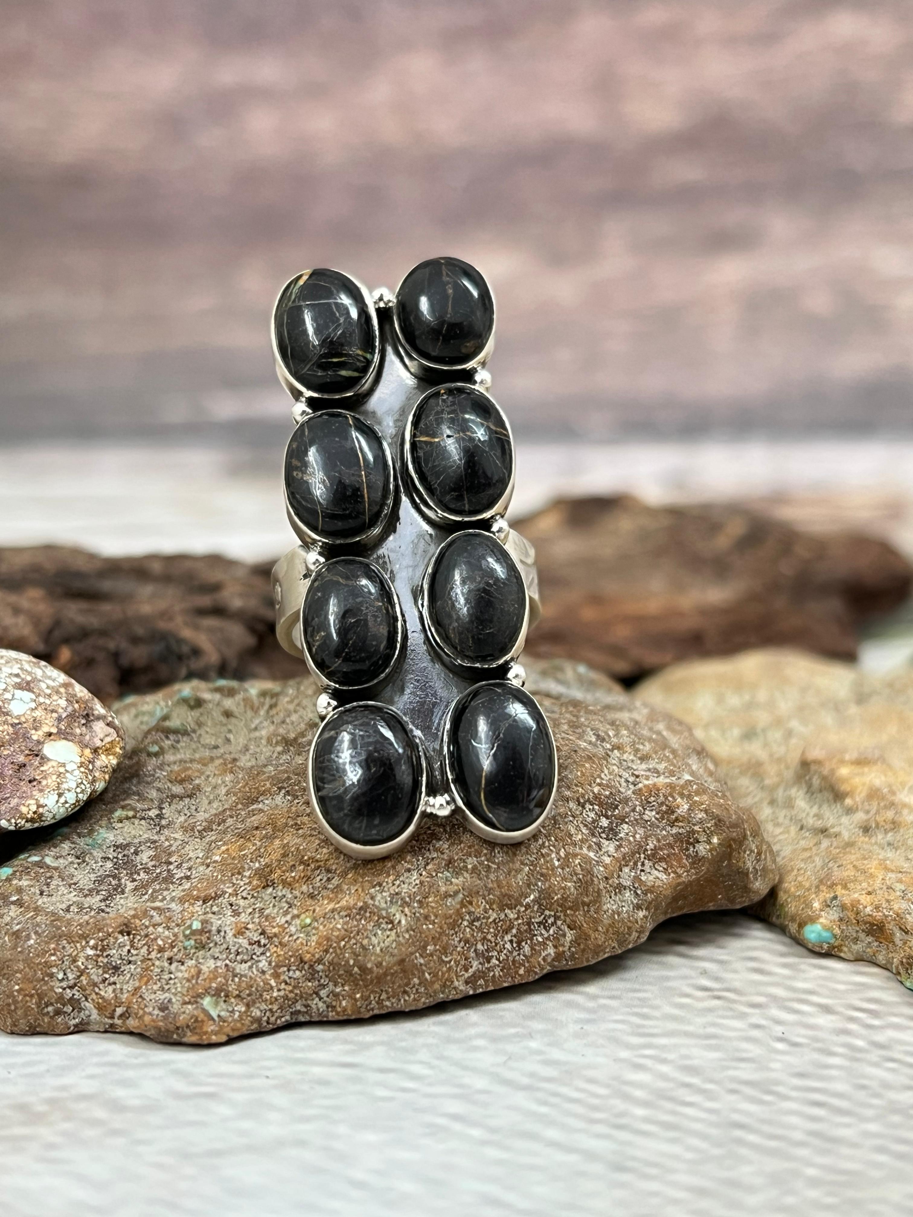 Handmade Sterling Silver Blackjack Turquoise Adjustable Ring Signed Nizhoni