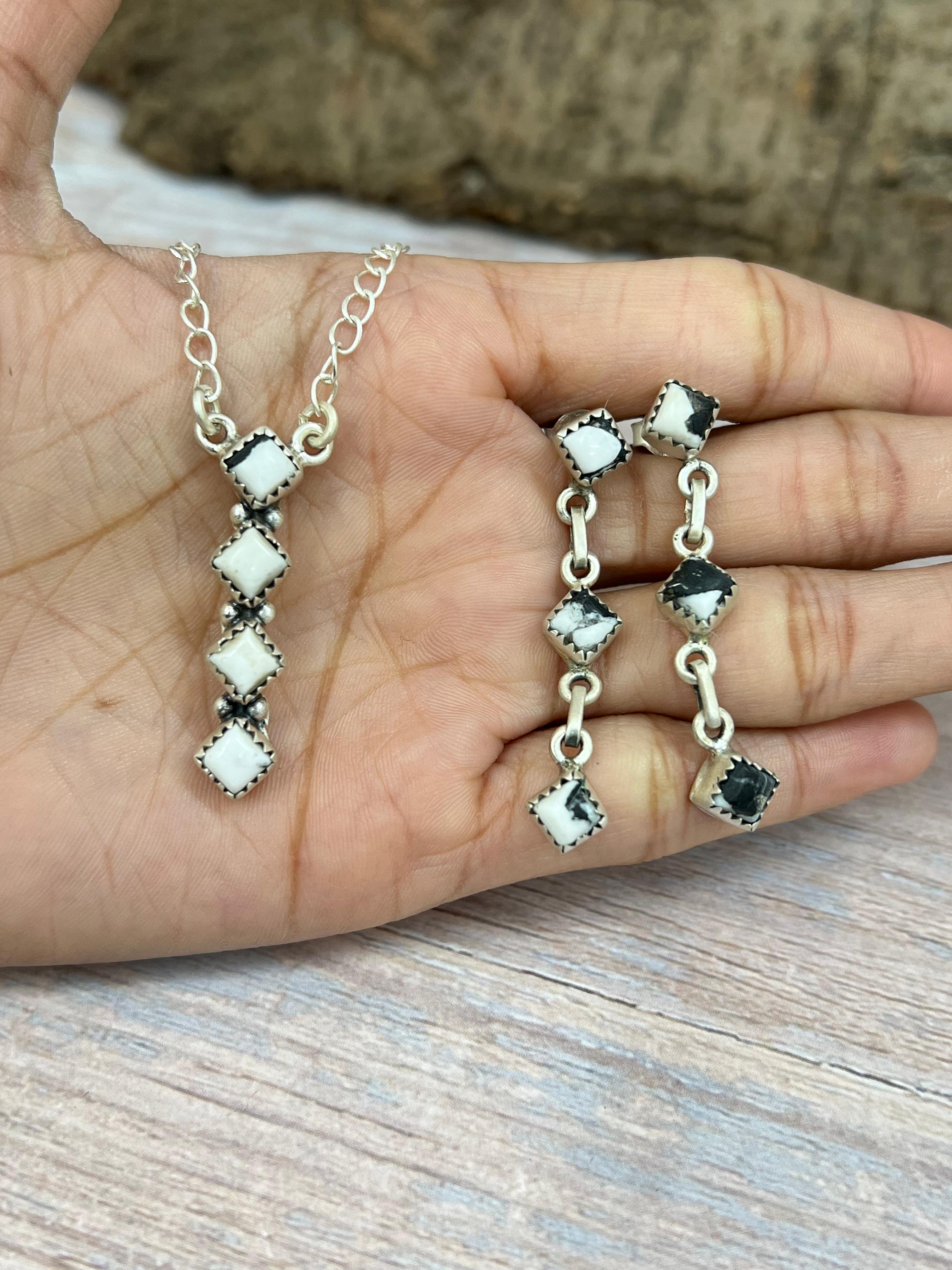 Handmade Sterling Silver White Buffalo Necklace & Earrings Set Signed Nizhoni