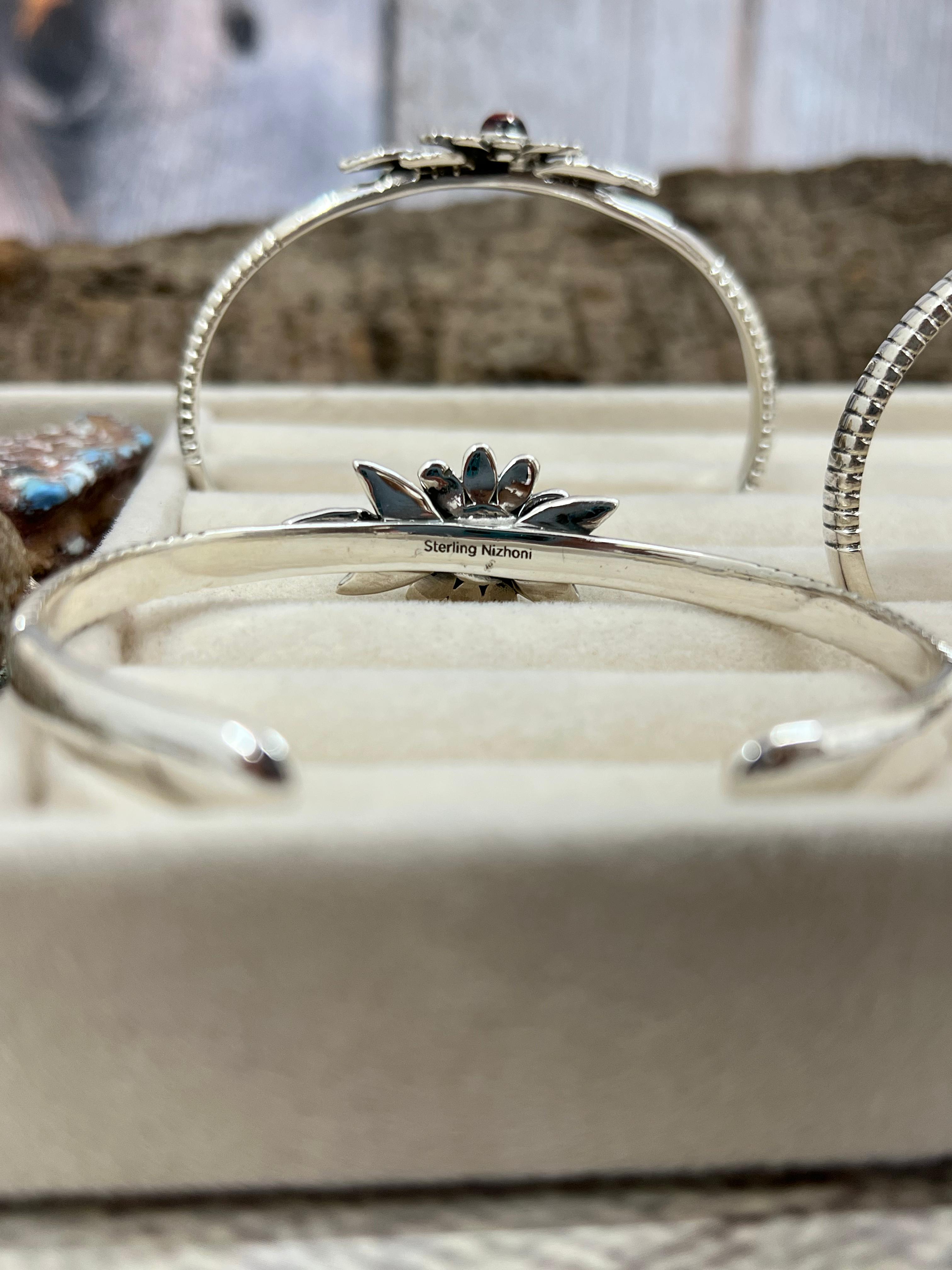 Handmade Sterling Silver Peacock Dahlia, Cotton Candy Turquoise, Dahlia Rose Cuff Bracelet with Signed Nizhoni (4)