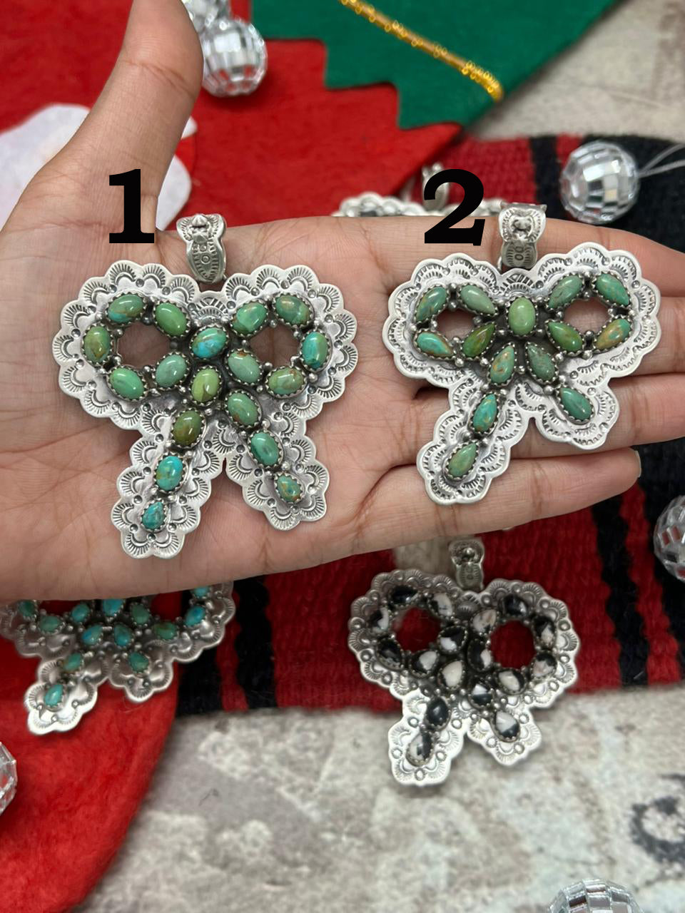 "Christmas Collection" Handmade Sterling Silver Kingman Turquoise, White Buffalo Pendant " Signed Nizhoni"