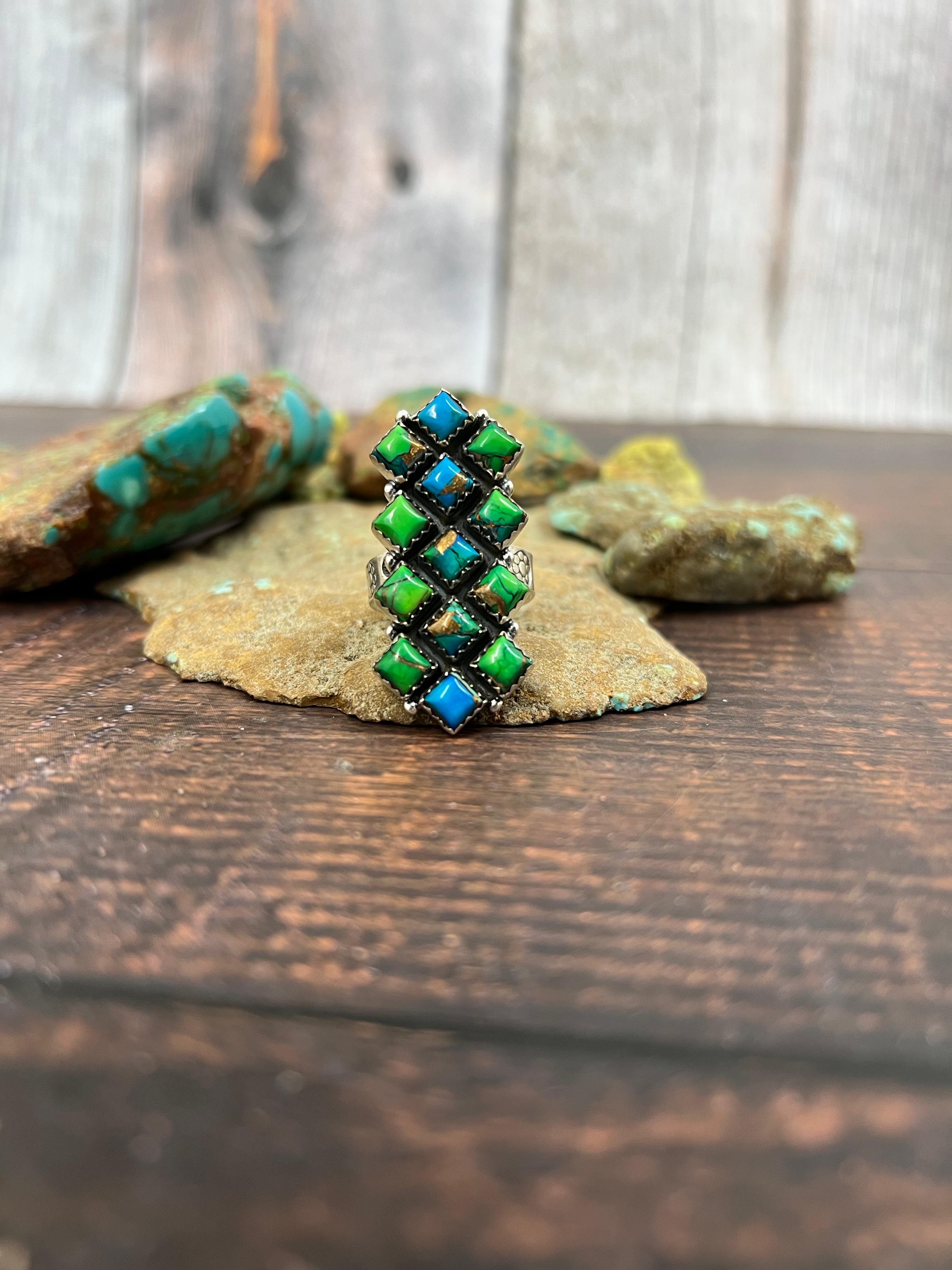 Handmade Sterling Silver Peacock Dahlia Adjustable Ring with Signed Nizhoni