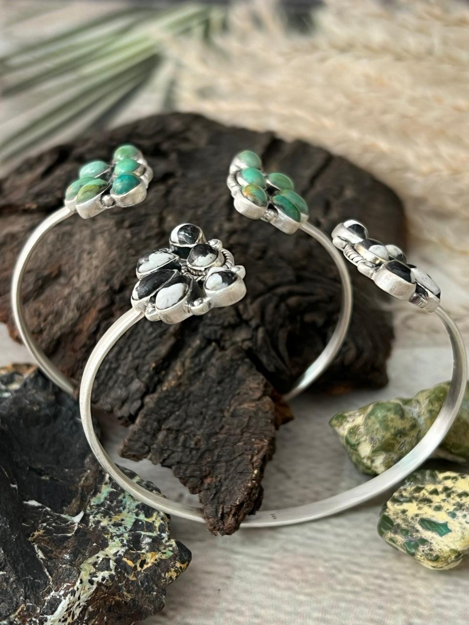 Handmade Sterling Silver Kingman Turquoise, White Buffalo Cuff Bracelet "Signed Nizhoni"