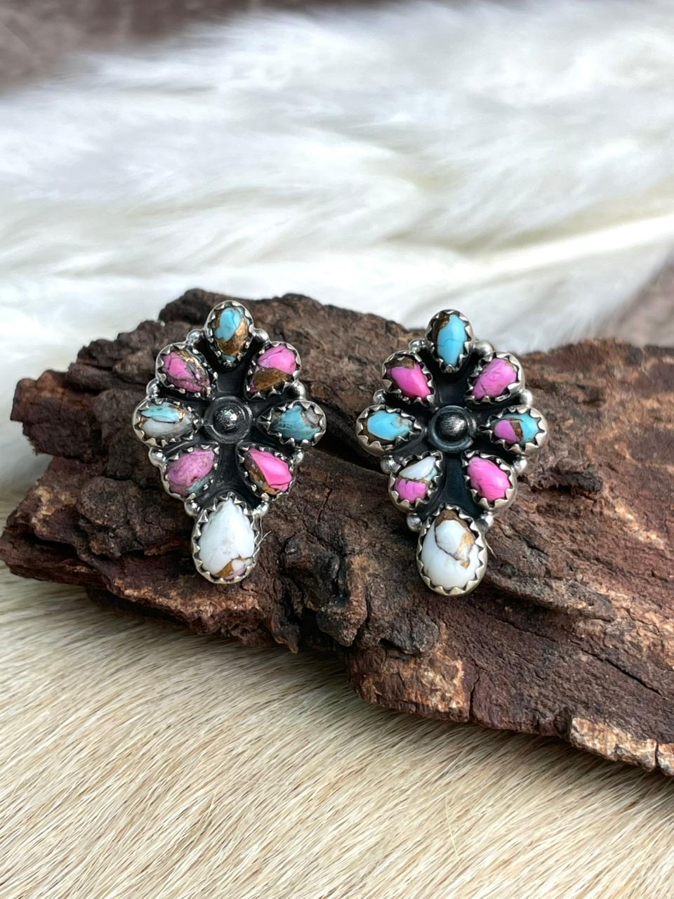 Handmade Sterling Silver Cotton Candy Post Studs Earrings "Signed Nizhoni"